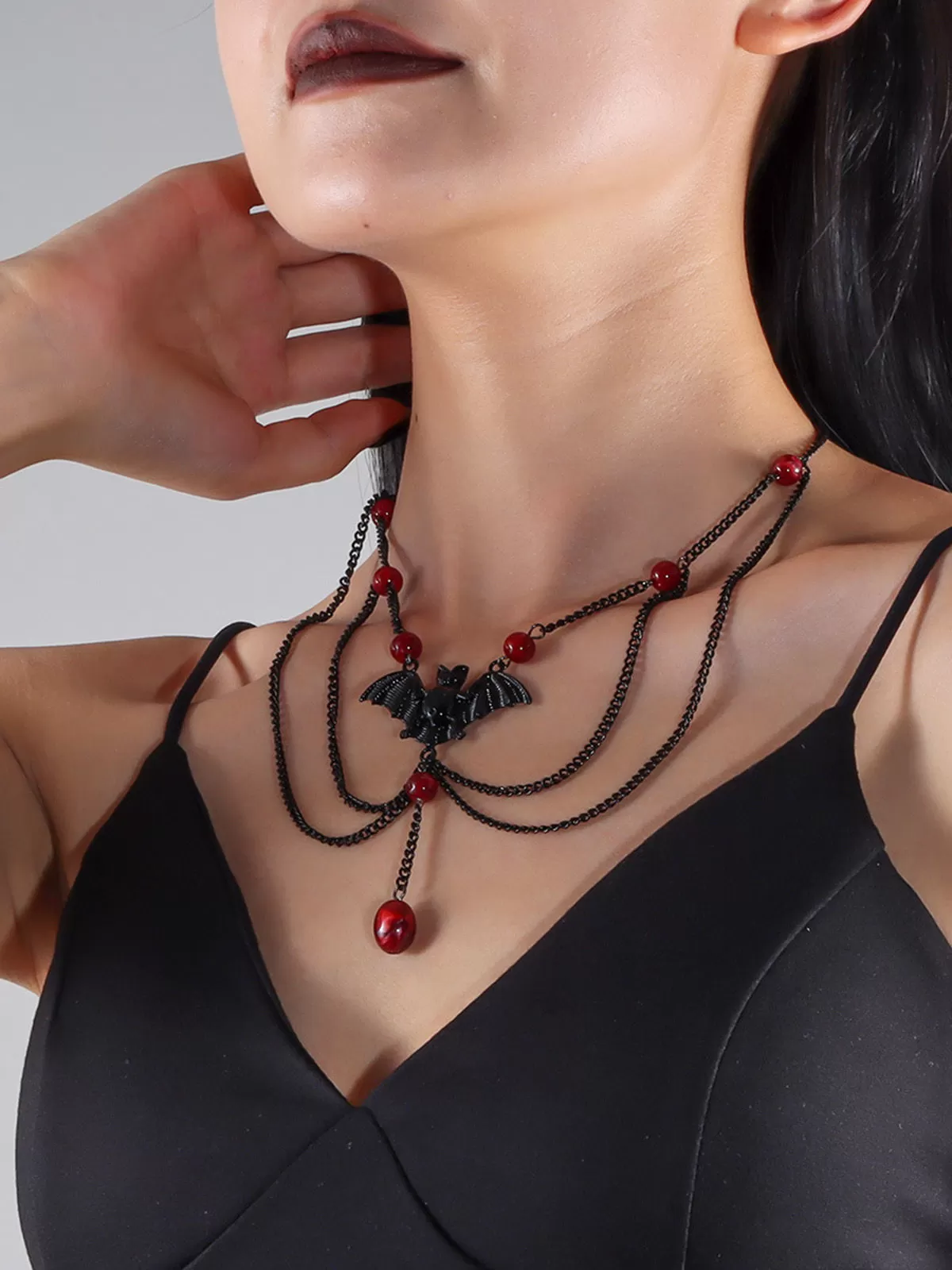Halloween 1pc Gothic Multilayer Red Beads Bat Necklace, 2 of 8