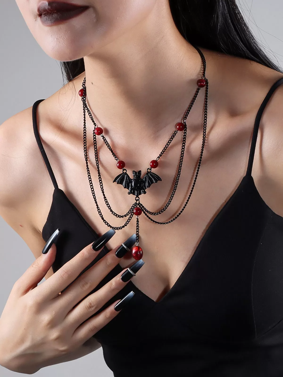 Halloween 1pc Gothic Multilayer Red Beads Bat Necklace, 3 of 8