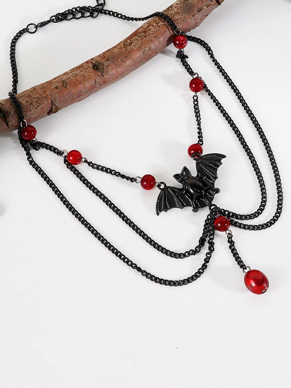 Halloween 1pc Gothic Multilayer Red Beads Bat Necklace, 5 of 8
