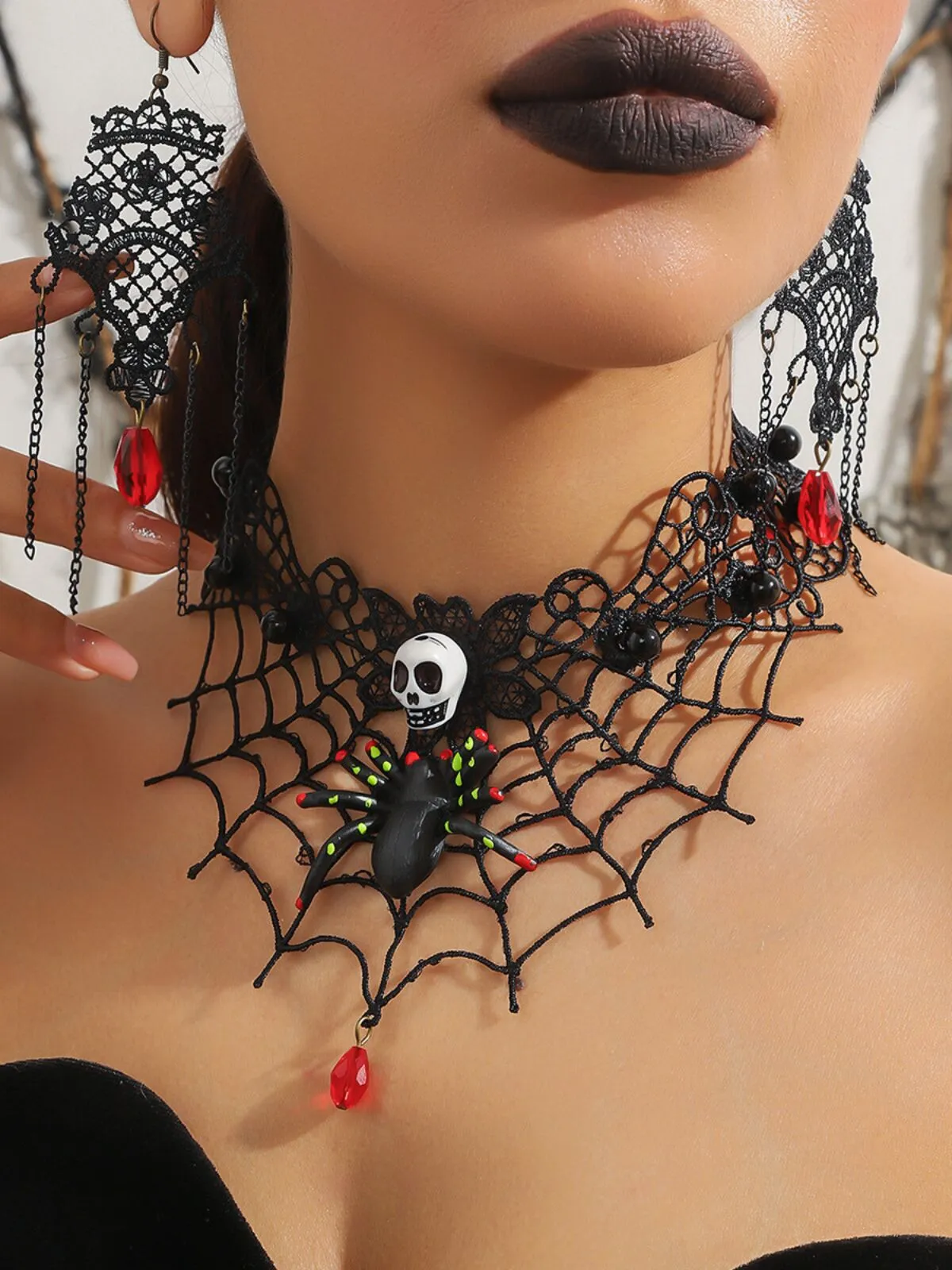 Halloween 2pcs Gothic Jewelry Set Black Lace Skull Spider Web Necklace Earrings, 1 of 2