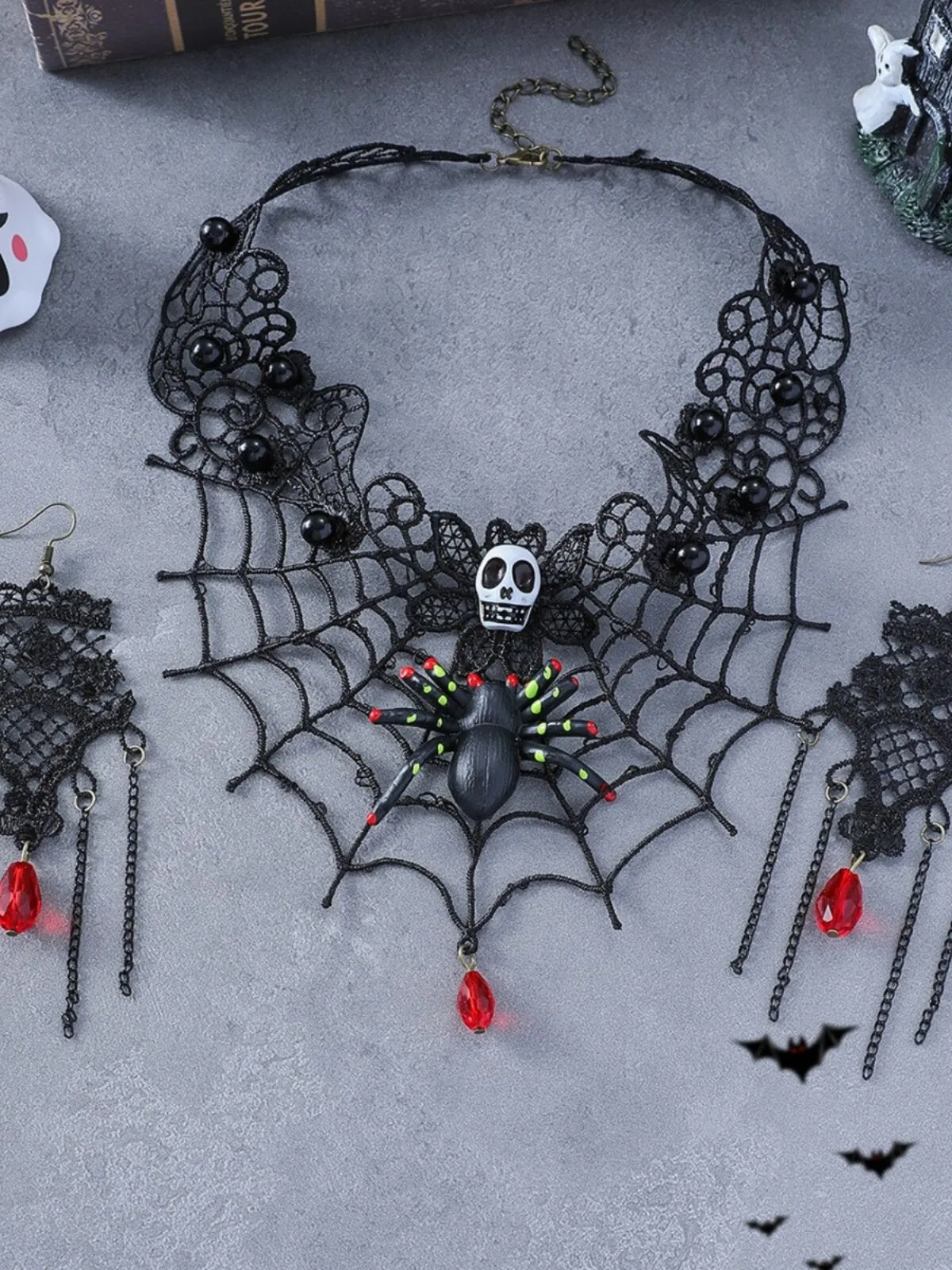 Halloween 2pcs Gothic Jewelry Set Black Lace Skull Spider Web Necklace Earrings, 2 of 2