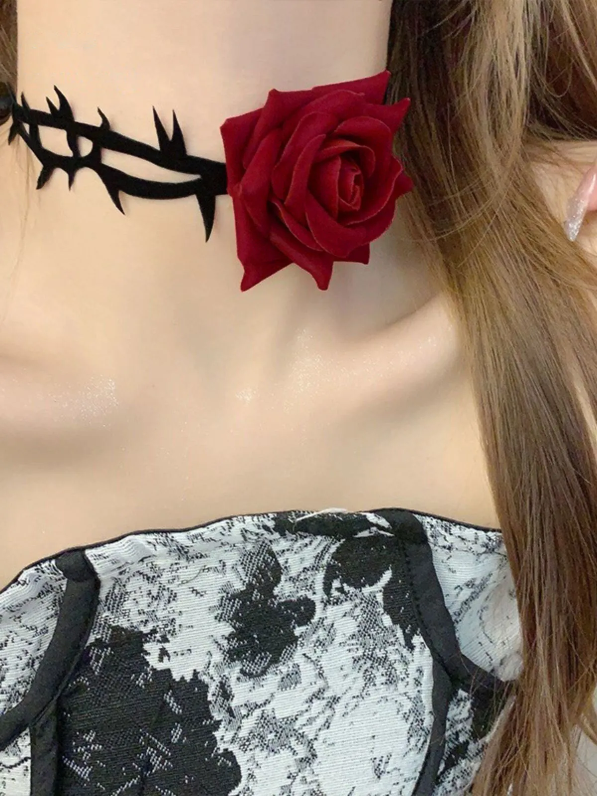 Halloween 1pc Sexy Red Rose Flower Cosplay Costume Accessory Choker Necklace, 1 of 2