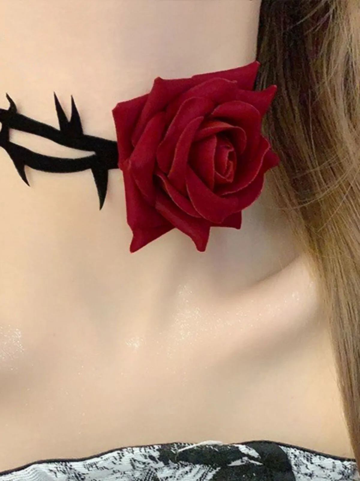 Halloween 1pc Sexy Red Rose Flower Cosplay Costume Accessory Choker Necklace, 2 of 2