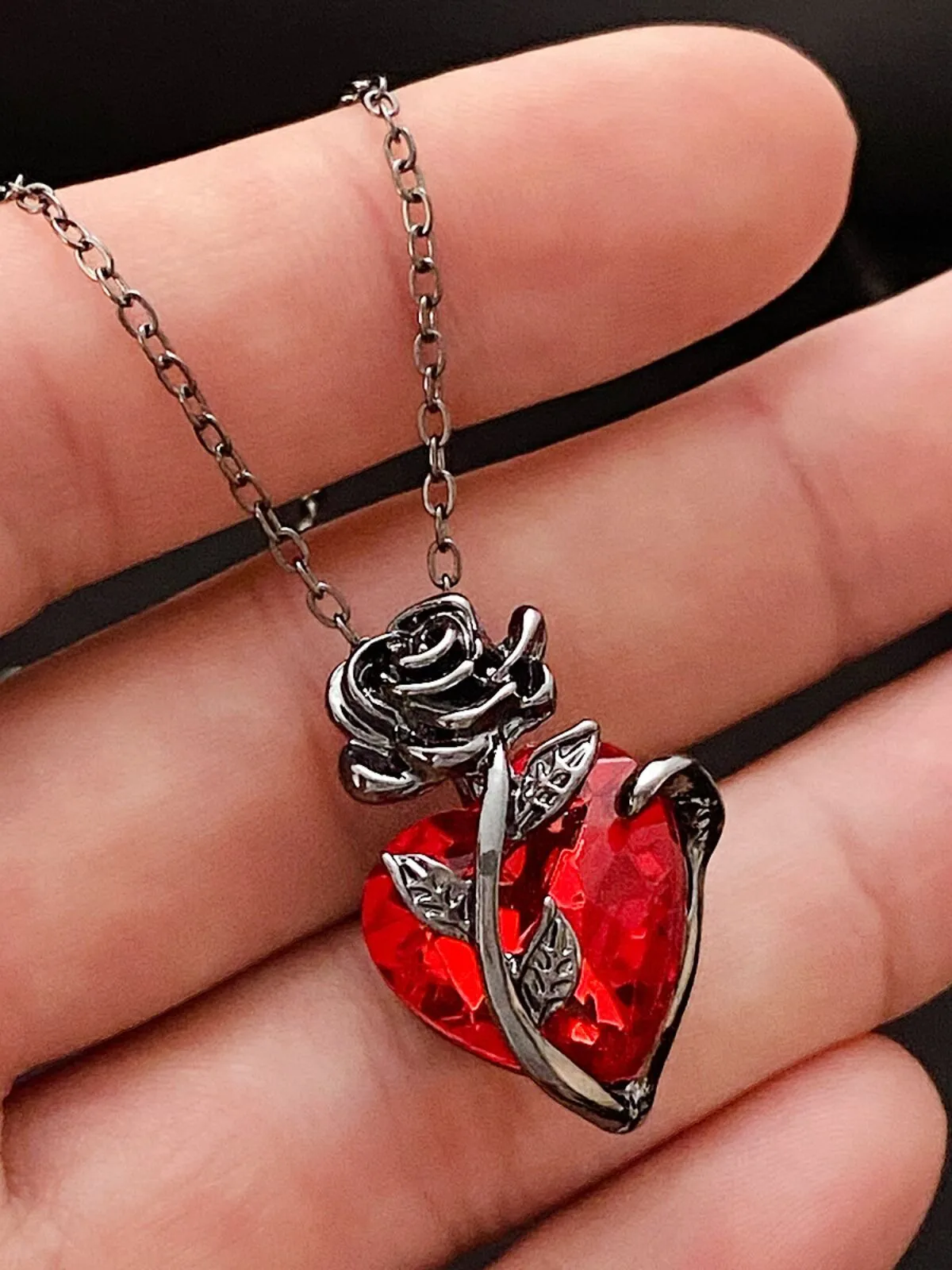 Halloween 1pc Vintage Rose Flower Red Crystal Heart Pendant Clavicle Chain Gothic Jewelry Necklace, 2 of 5