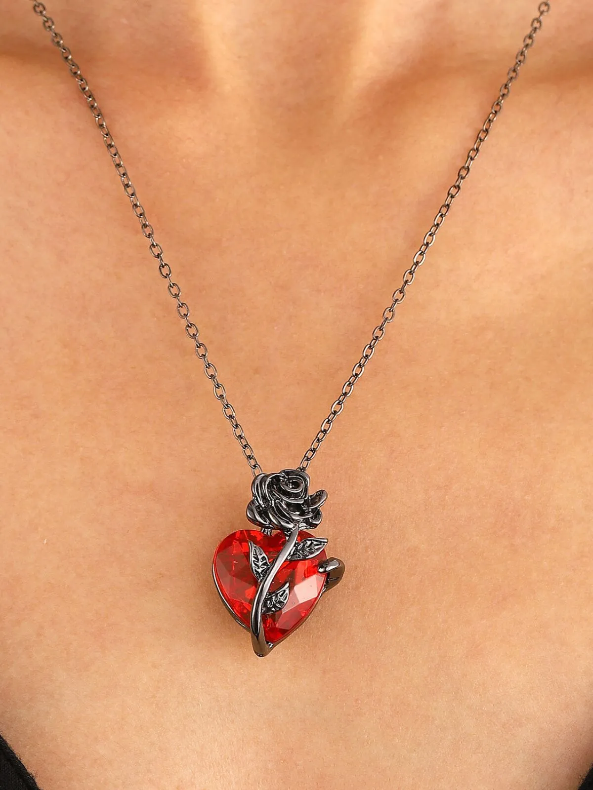 Halloween 1pc Vintage Rose Flower Red Crystal Heart Pendant Clavicle Chain Gothic Jewelry Necklace, 3 of 5