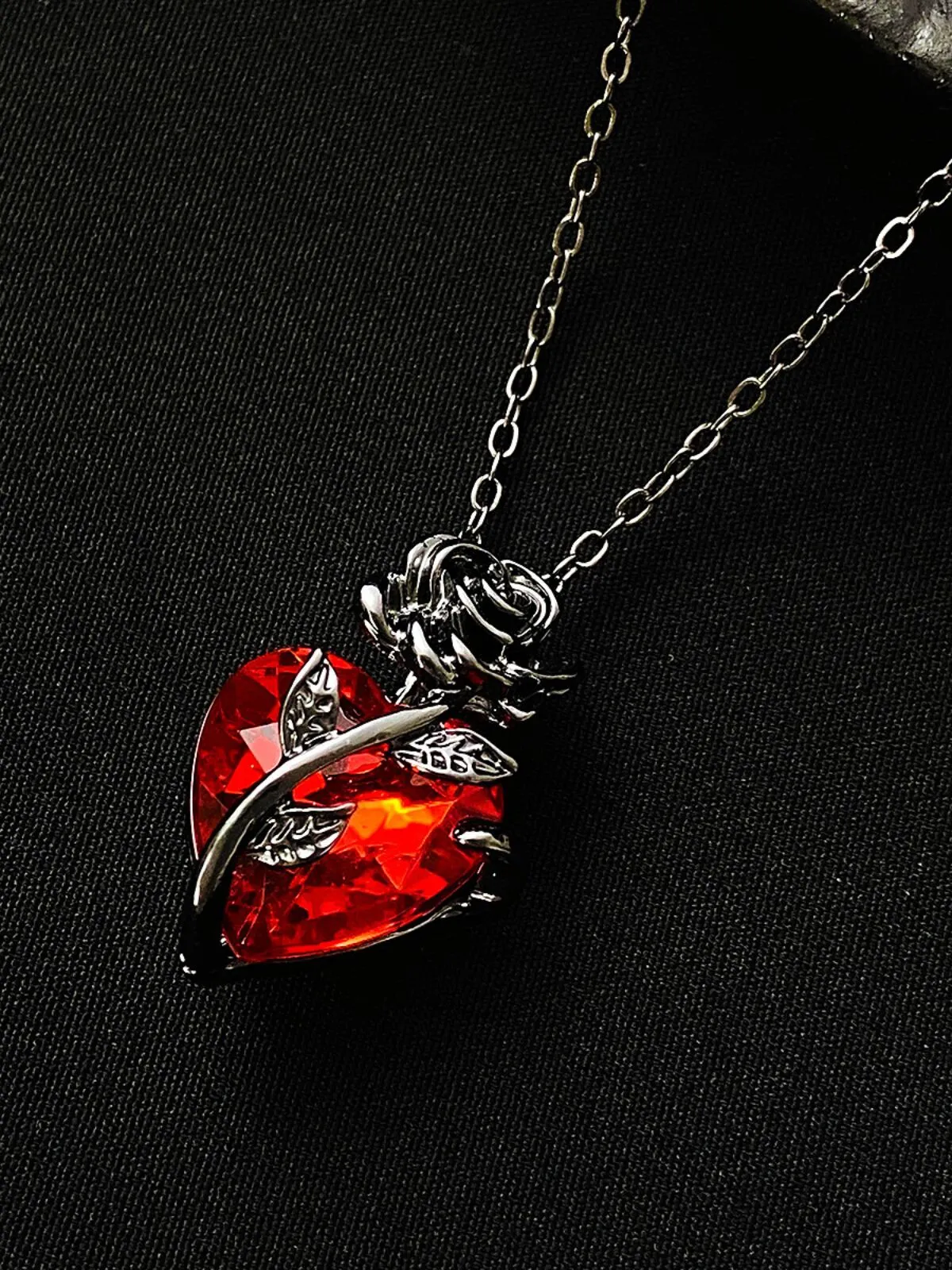 Halloween 1pc Vintage Rose Flower Red Crystal Heart Pendant Clavicle Chain Gothic Jewelry Necklace, 4 of 5