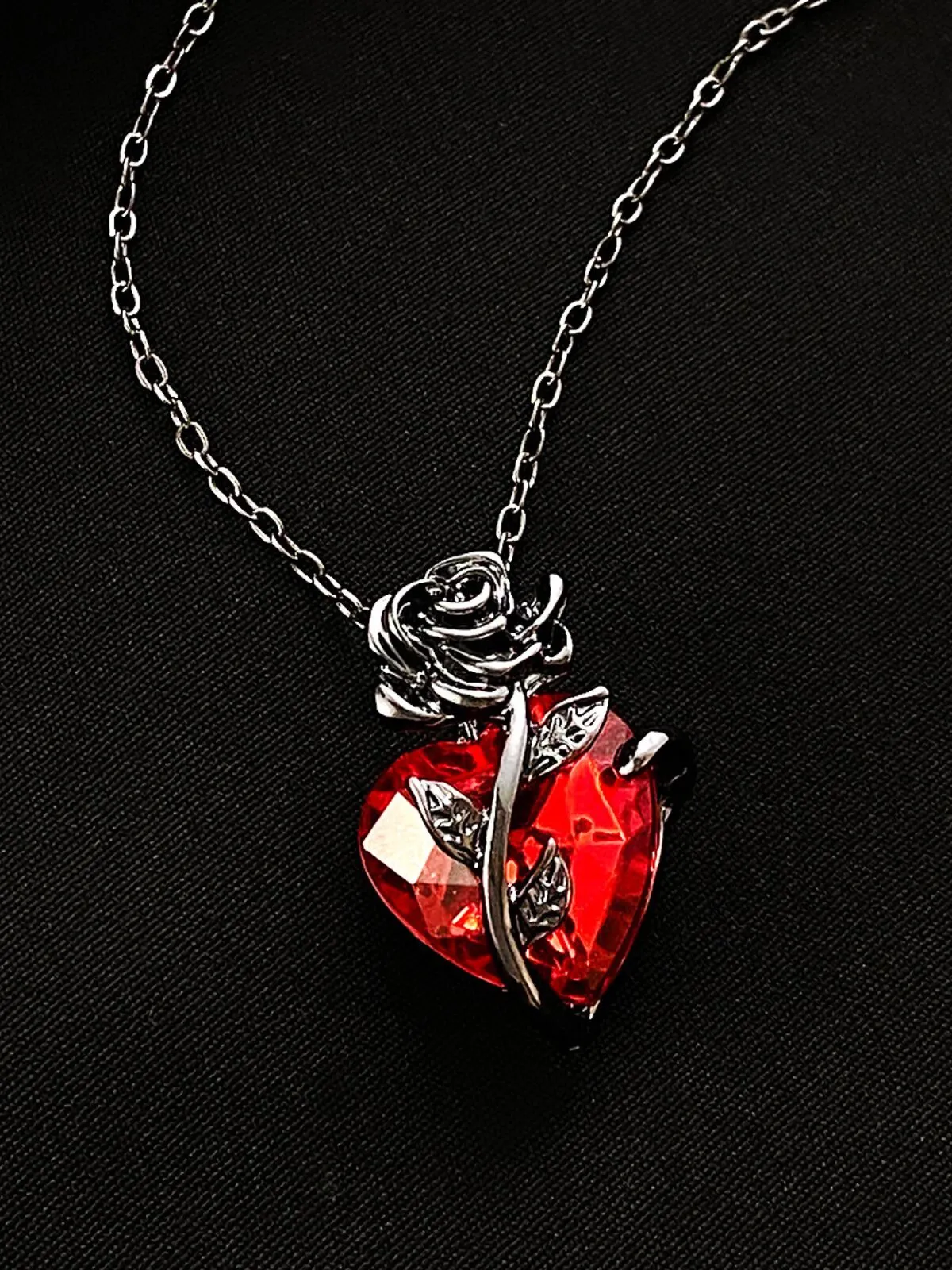 Halloween 1pc Vintage Rose Flower Red Crystal Heart Pendant Clavicle Chain Gothic Jewelry Necklace, 5 of 5