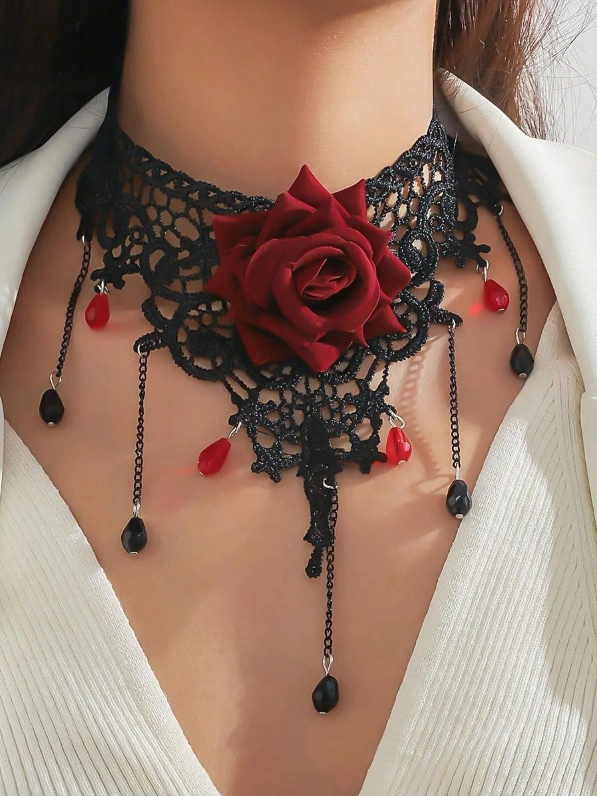 Halloween 1pc New Arrival Vintage Gothic Red Rose Necklace, 1 of 5