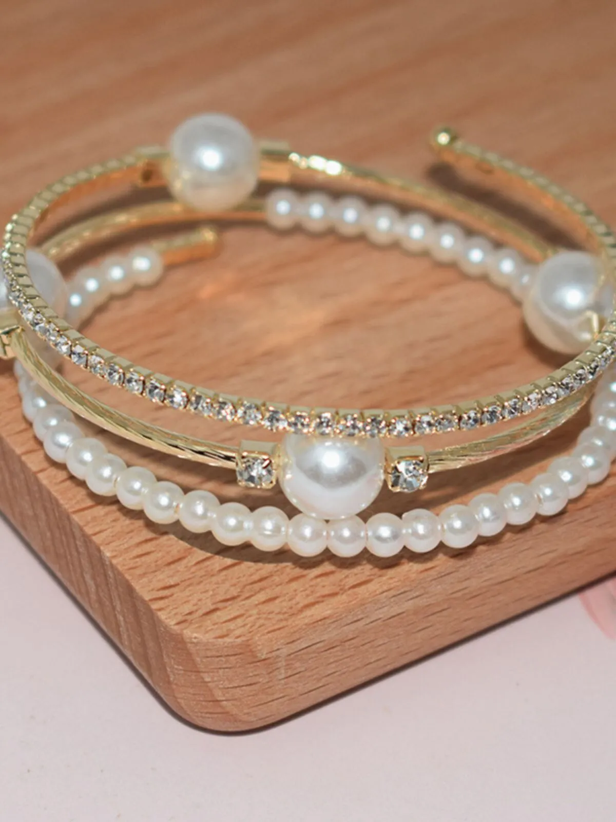Elegant Style 1pc Rhinestone & Faux Pearl Decor Copper Bracelet, 2 of 5