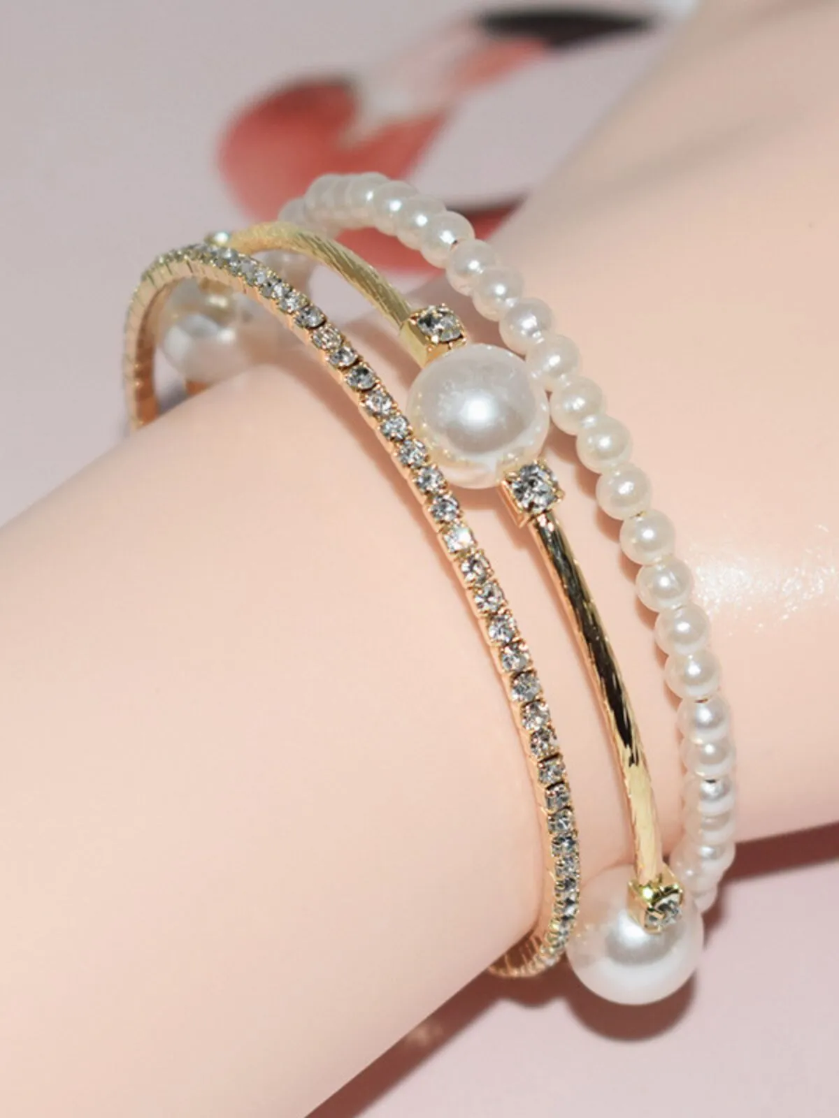 Elegant Style 1pc Rhinestone & Faux Pearl Decor Copper Bracelet, 3 of 5