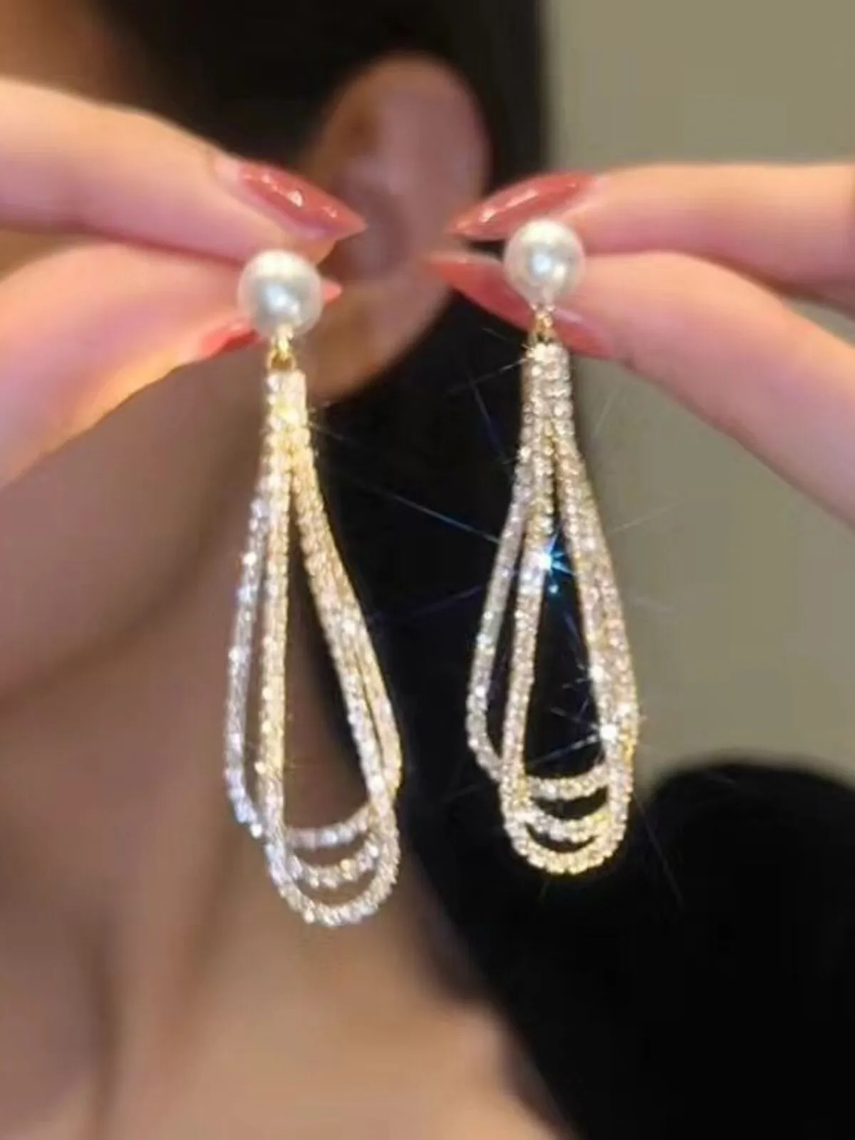 Long Waterdrop Shaped Rhinestone Decor Tassel Earrings With Faux Pearl Detail, 2 of 5