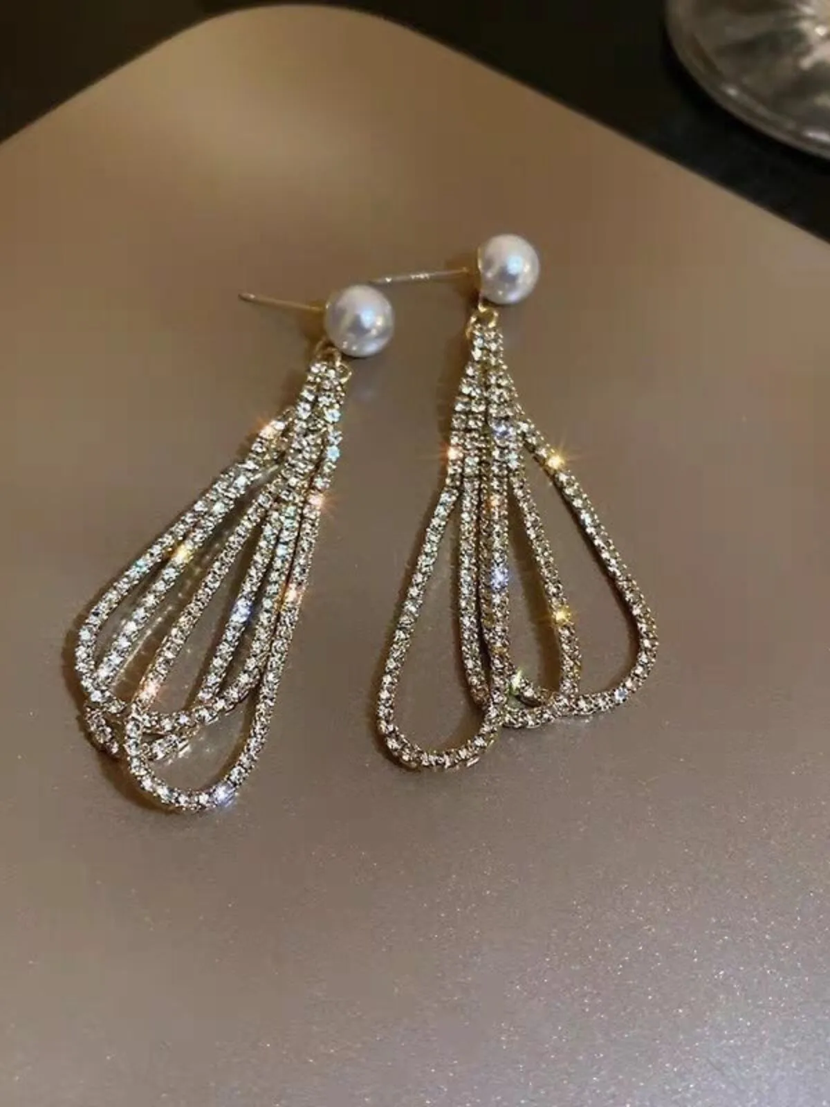 Long Waterdrop Shaped Rhinestone Decor Tassel Earrings With Faux Pearl Detail, 3 of 5