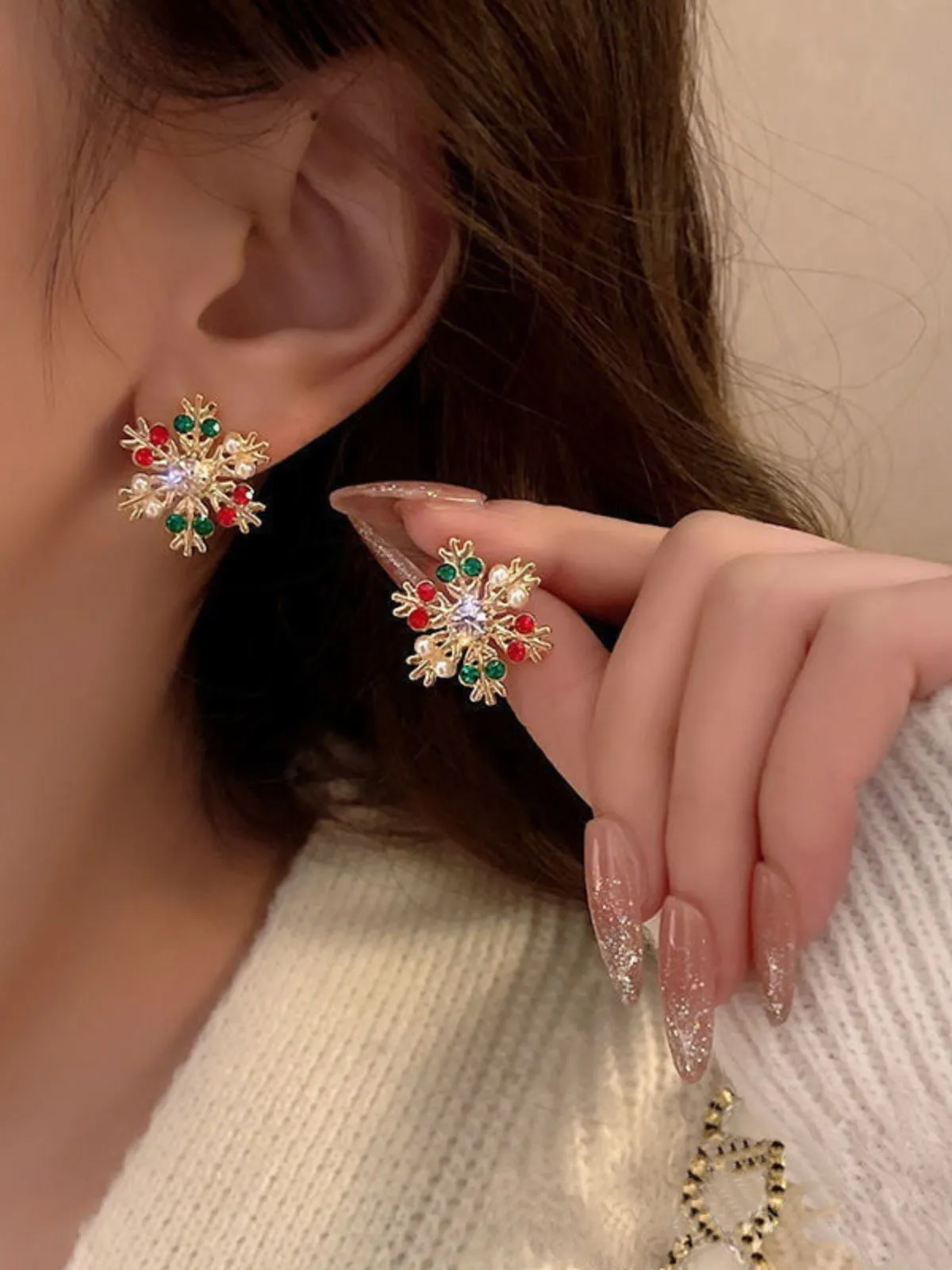 Christmas 1pc Snowflake Pearl Earring, 3 of 4