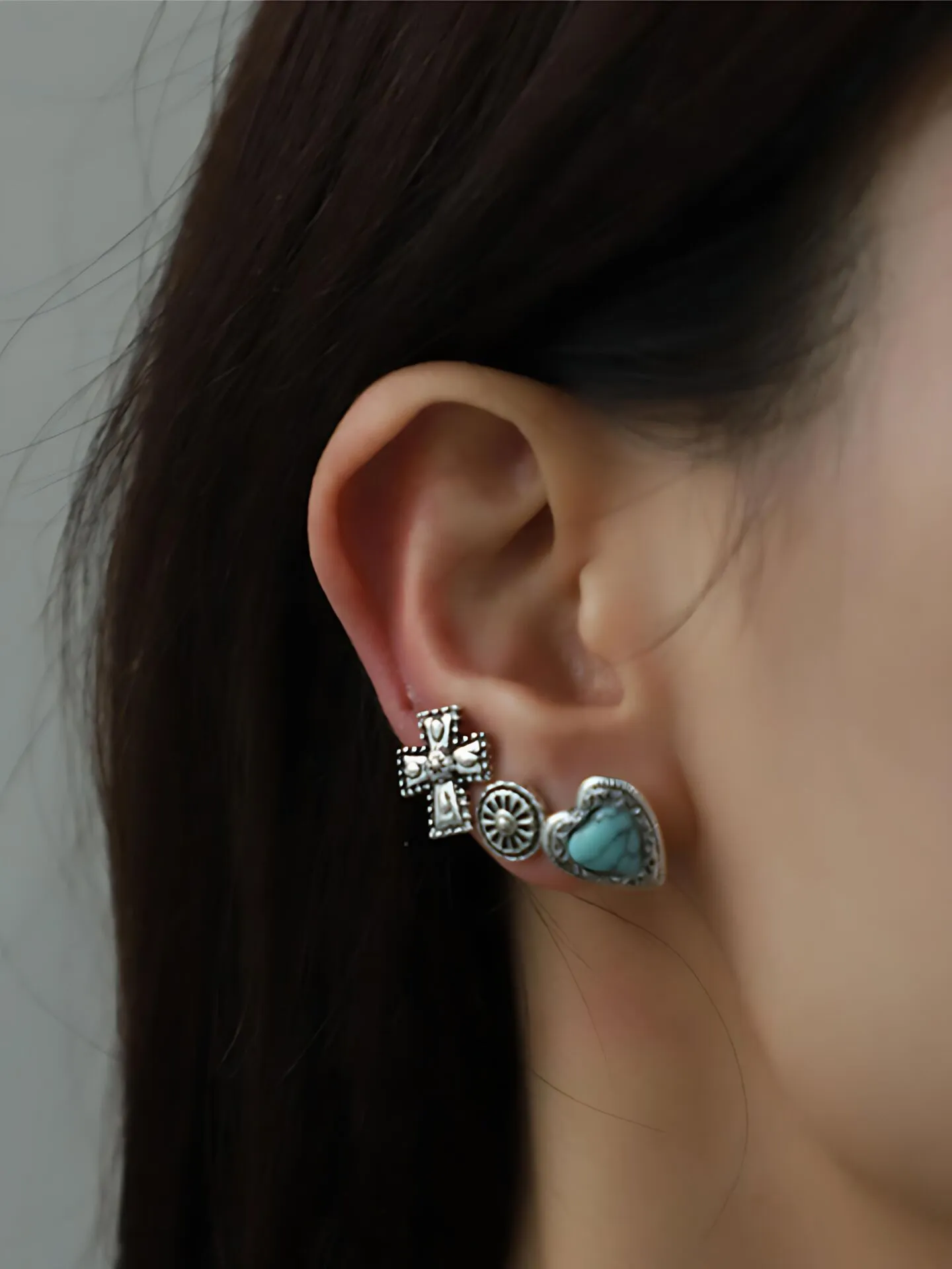 3 Pairs Turquoise Cross Love Heart Design Simple Luxury Earring, 1 of 2