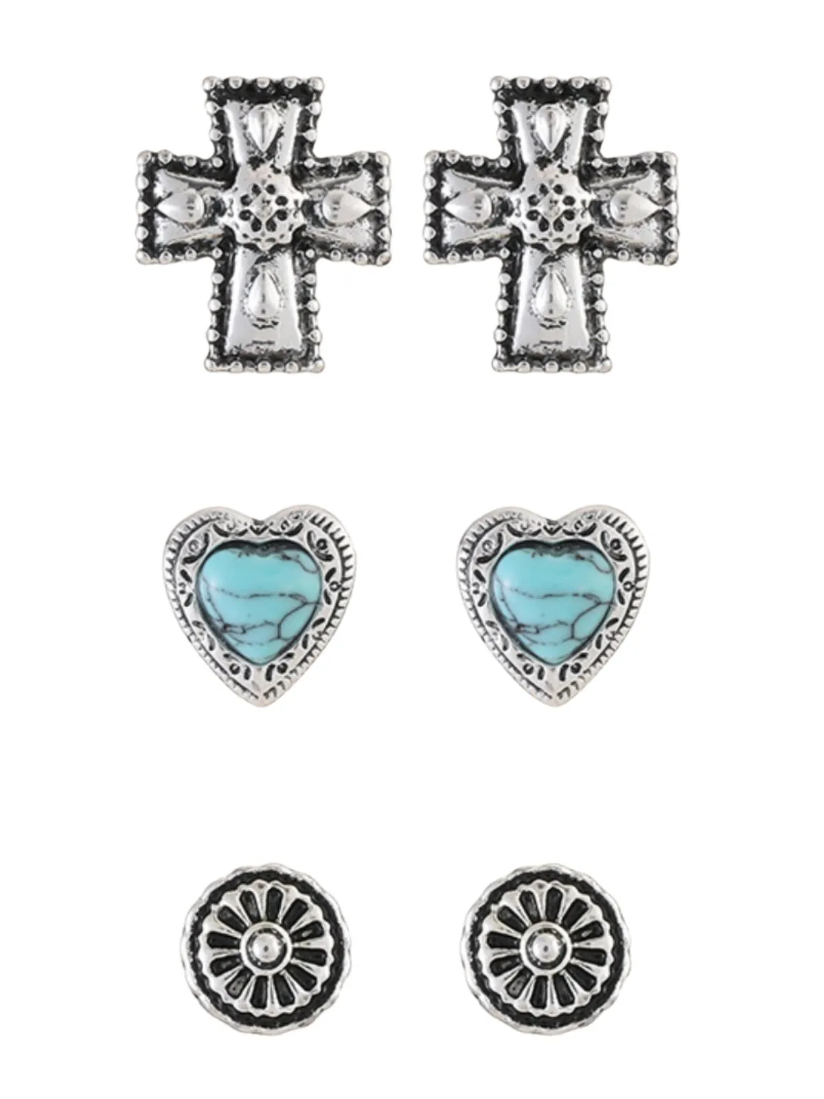 3 Pairs Turquoise Cross Love Heart Design Simple Luxury Earring, 2 of 2