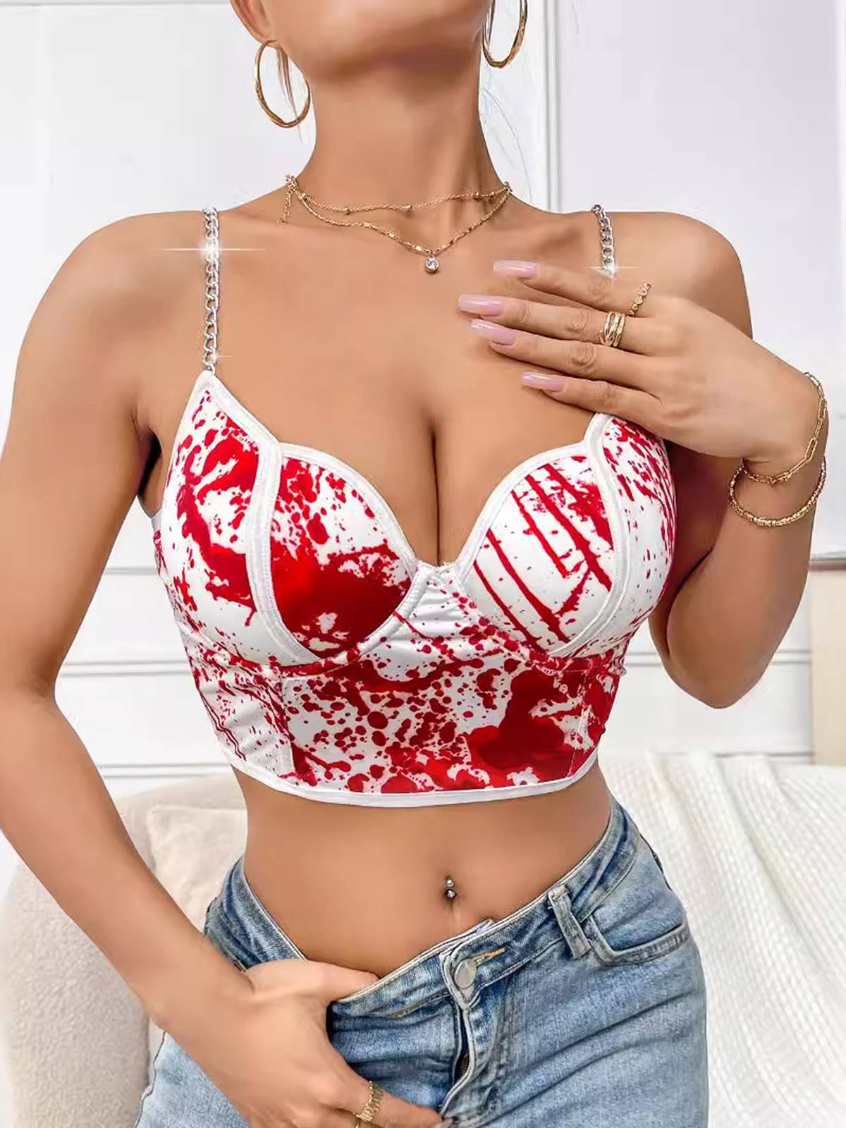 White 1970s Halloween Metal Chain Blood Spatter Crop Top White / S, 3 of 4