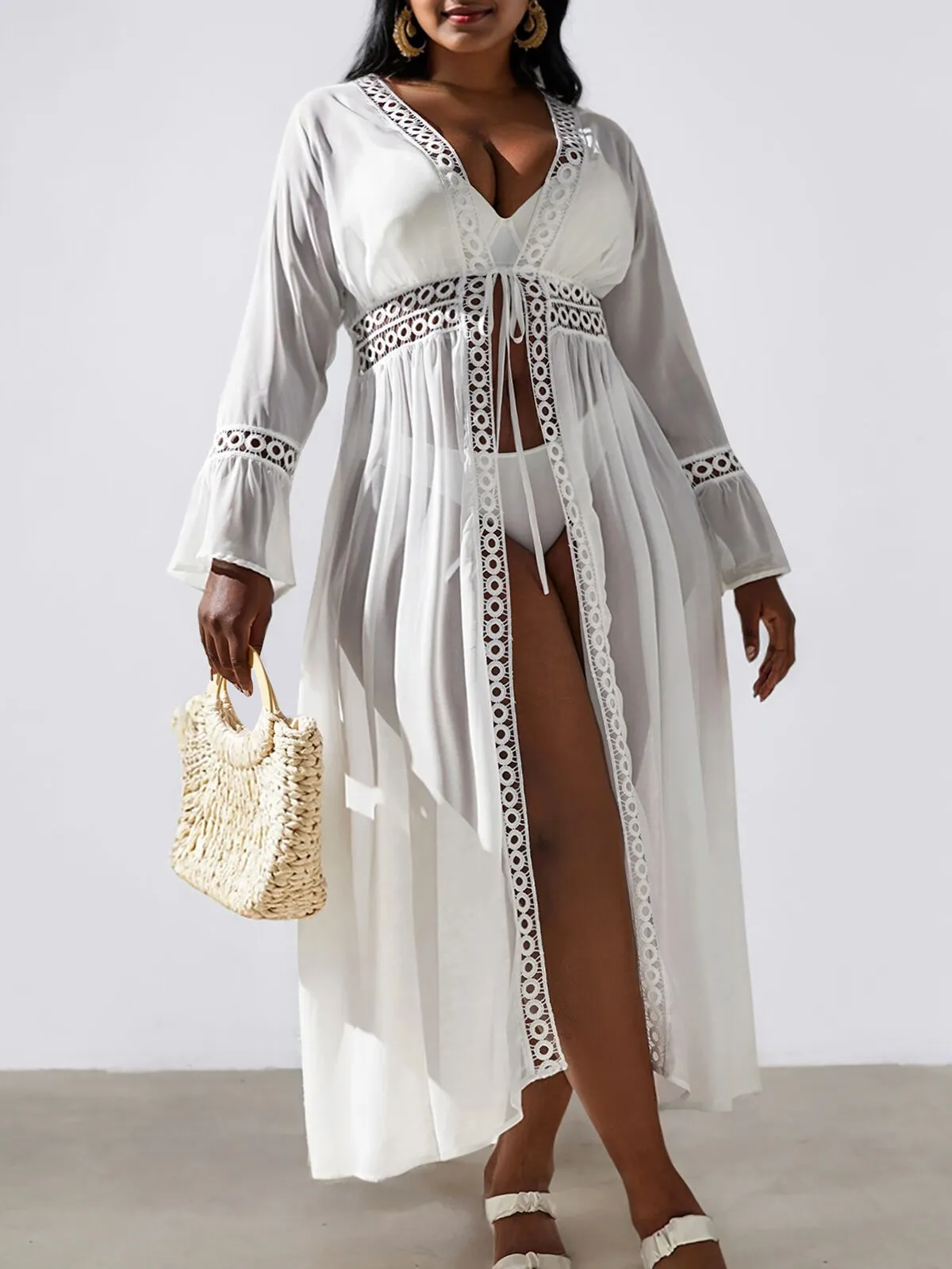 Plus Size Soild Hollow Out High Rise V-neck Bikini Sets, 1 of 4