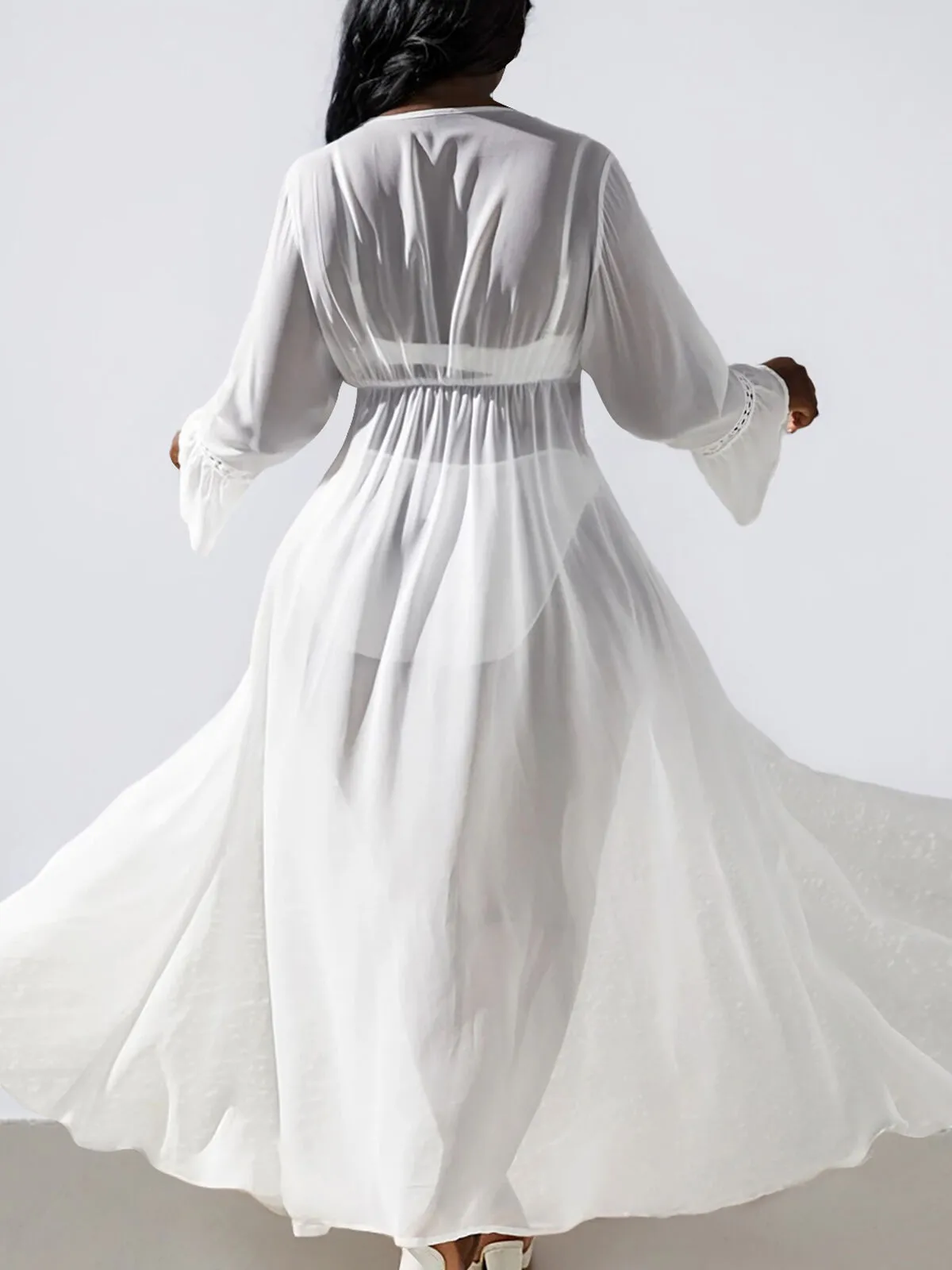 Plus Size Soild Hollow Out High Rise V-neck Bikini Sets, 2 of 4