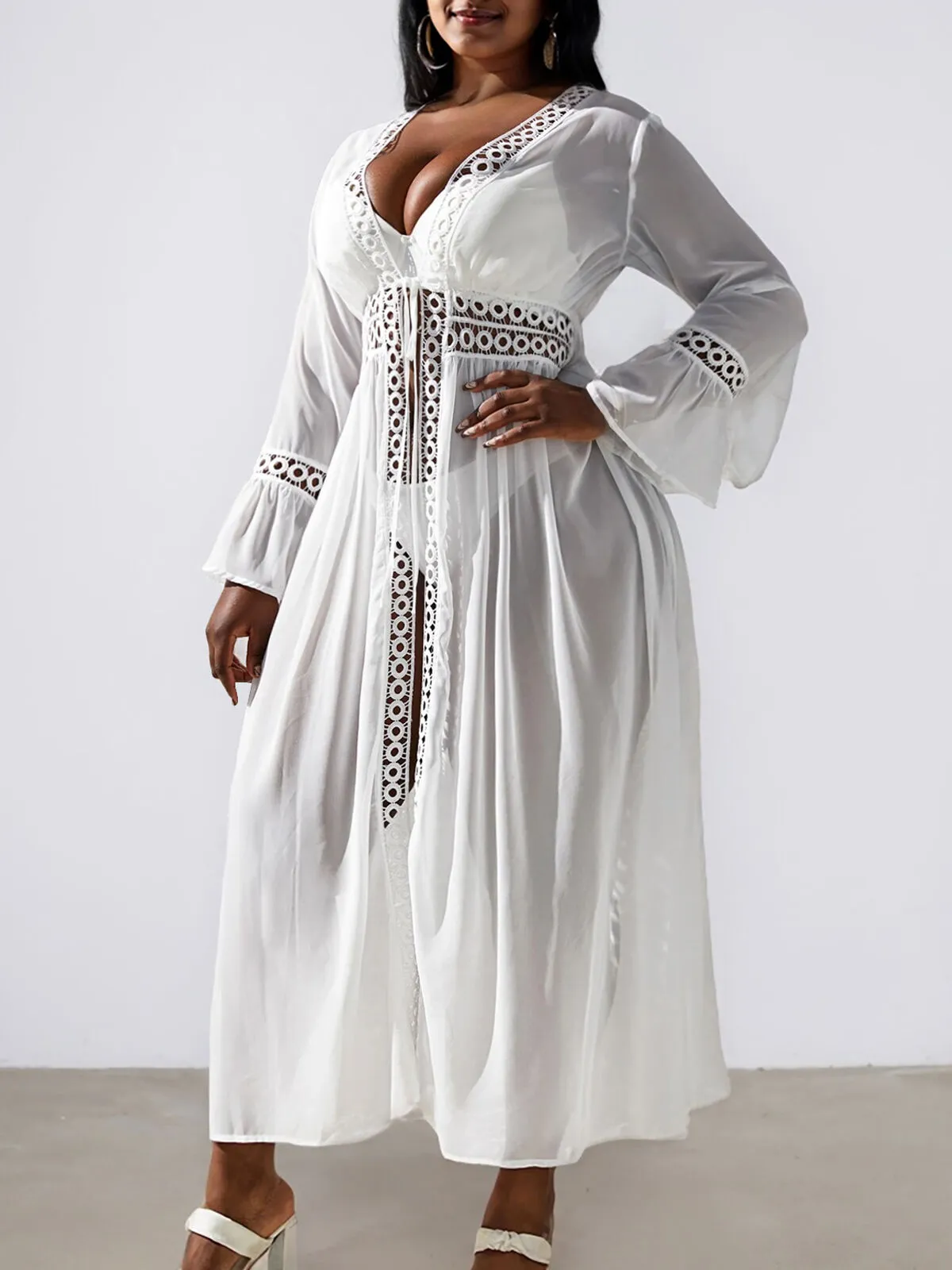 Plus Size Soild Hollow Out High Rise V-neck Bikini Sets, 3 of 4