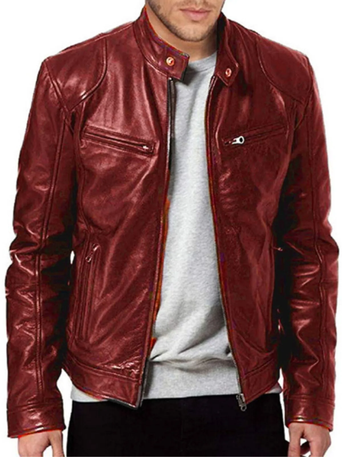 Men's Jacket Motorcycle Leather Jacket Slim Fit Short-Coat Lapel PU Winter Zipper Stand Windproof Leather Coat, 1 of 2