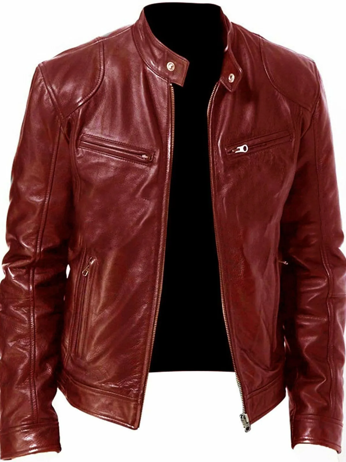 Men's Jacket Motorcycle Leather Jacket Slim Fit Short-Coat Lapel PU Winter Zipper Stand Windproof Leather Coat, 2 of 2