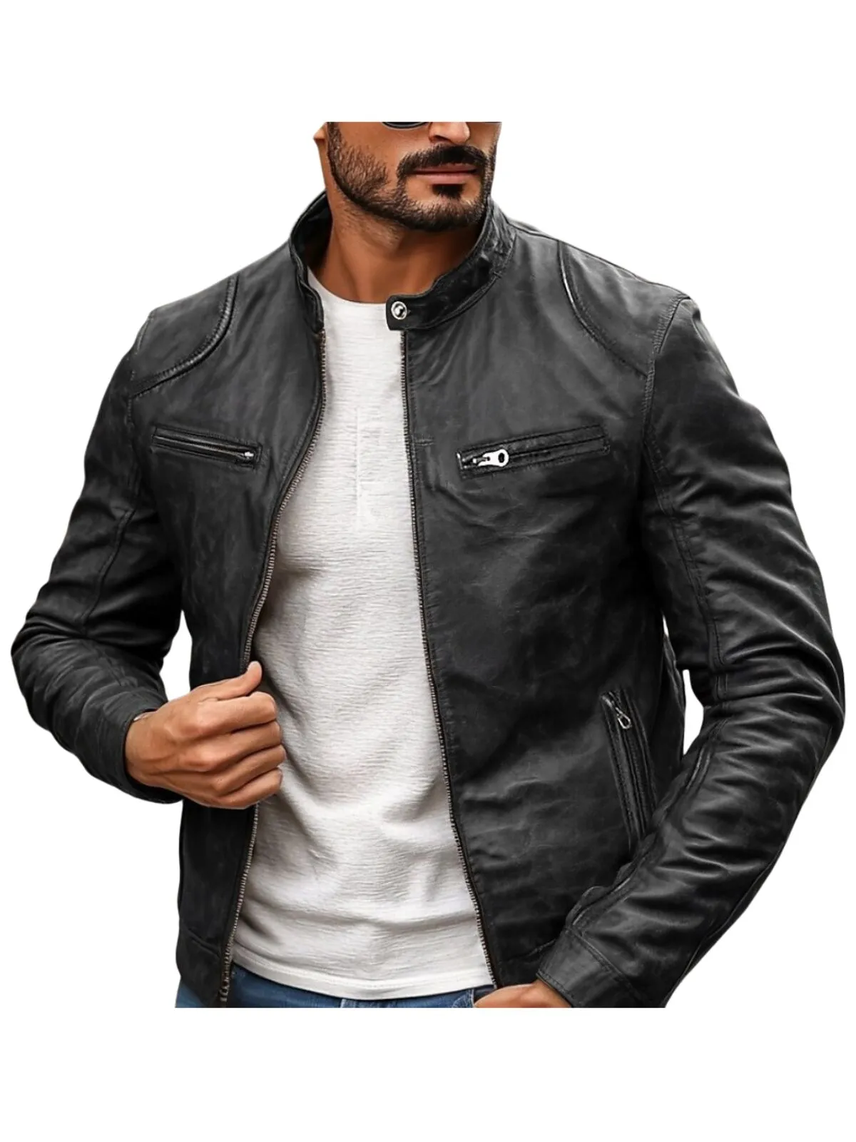 Men's Jacket Faux Leather Biker Motorcycle Jacket Daily Thermal Warm Rain Waterproof Zipper Fall And Winter Solid Colored Punk Vintage Stand Collar Regular Jacket, 2 of 3