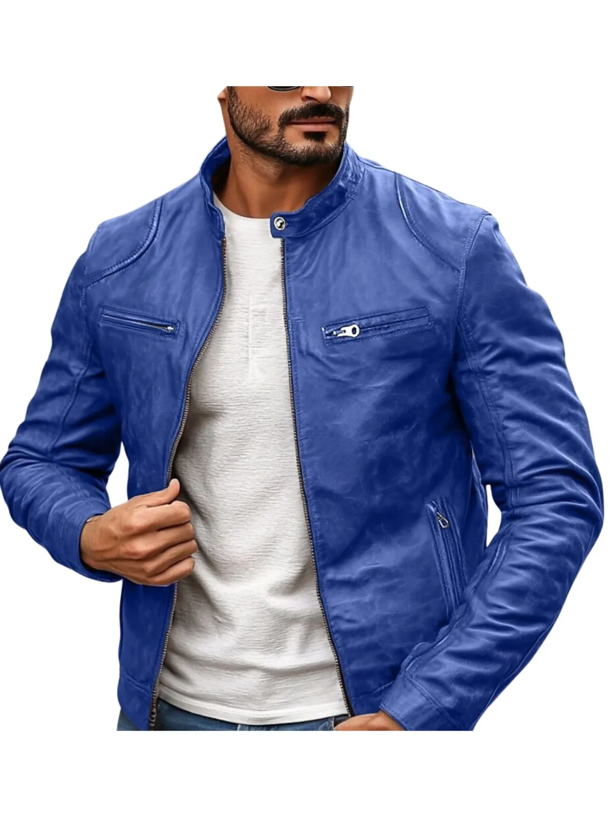 Men's Faux Leather Stand Collar Pu Leather Jacket Fashionable Motorcycle Leather Jacket Slim Fit Pilot Biker Jacket Classic Bomber Jacket, 1 of 1