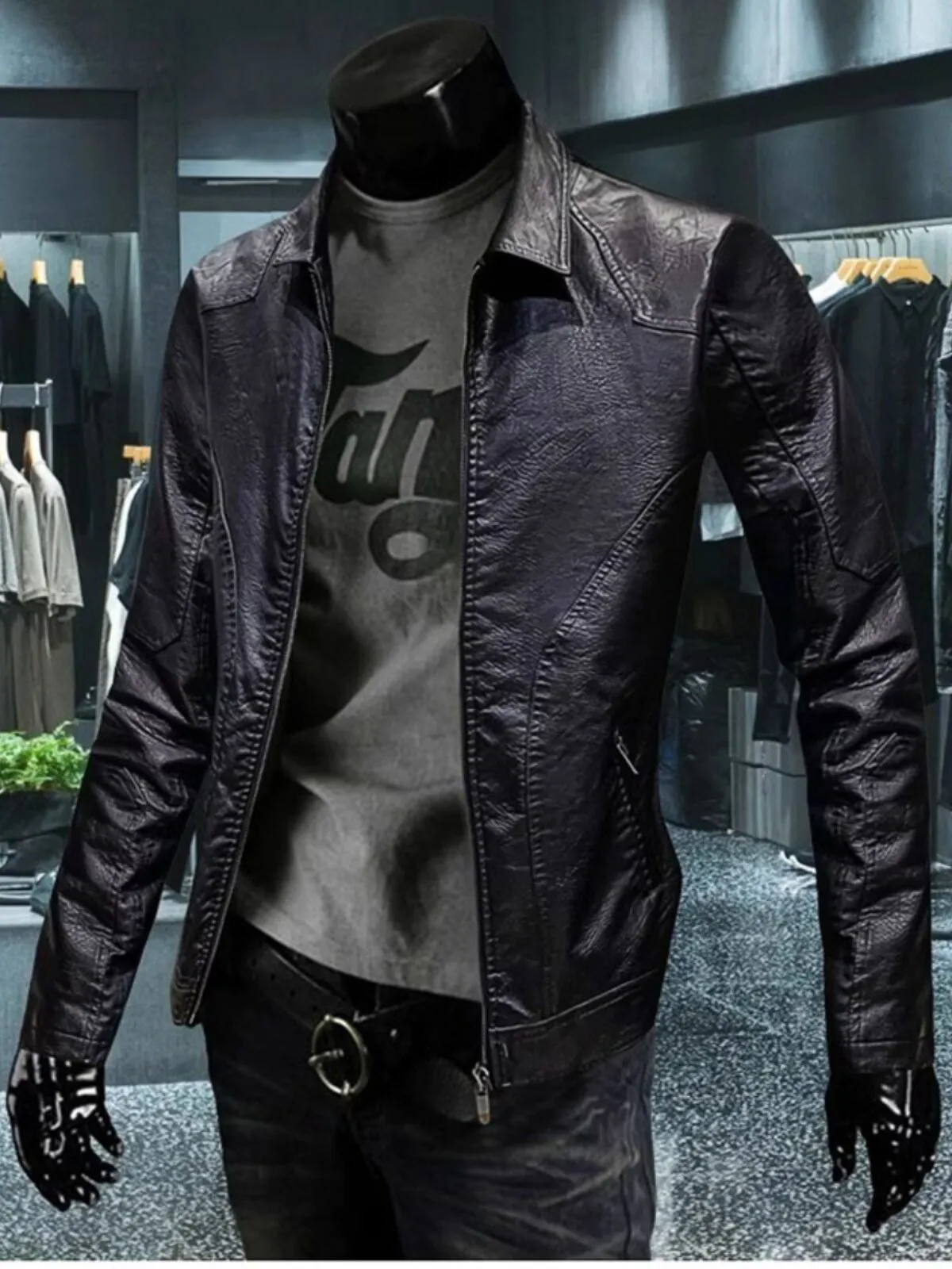 Men's Jacket Black Faux Leather Slim Fit Vintage Style Lapel Regular Jacket, 1 of 3