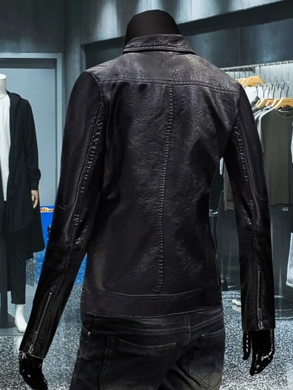 Men's Jacket Black Faux Leather Slim Fit Vintage Style Lapel Regular Jacket, 2 of 3