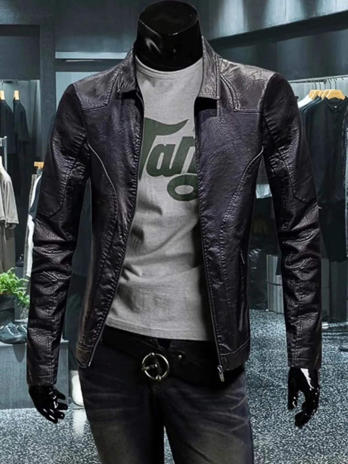 Men's Jacket Black Faux Leather Slim Fit Vintage Style Lapel Regular Jacket, 3 of 3