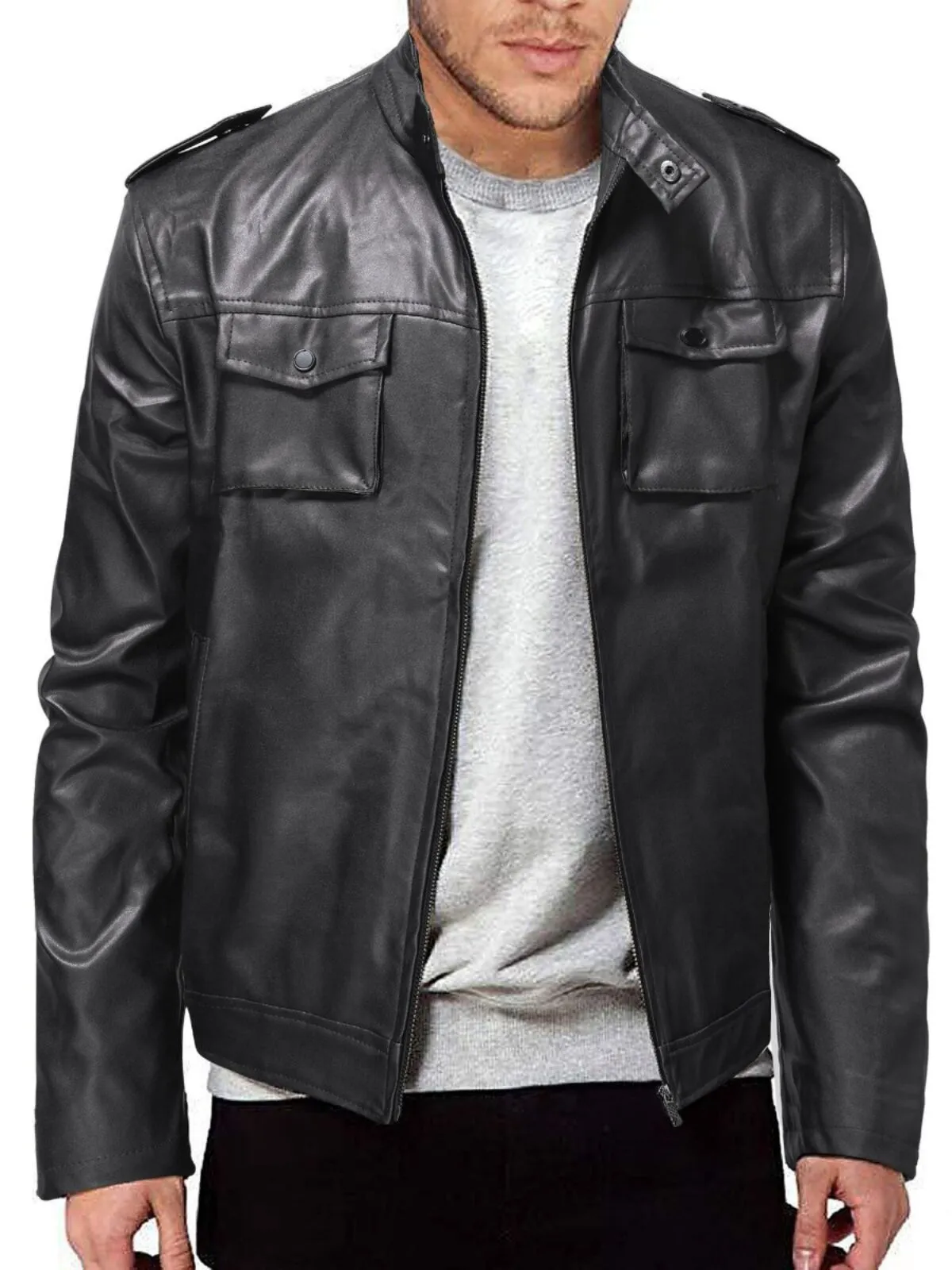 Men's Jacket Stand Collar Faux Leather Vintage Biker Motorcycle Jackets PU Riding Moto Jacket, 1 of 3