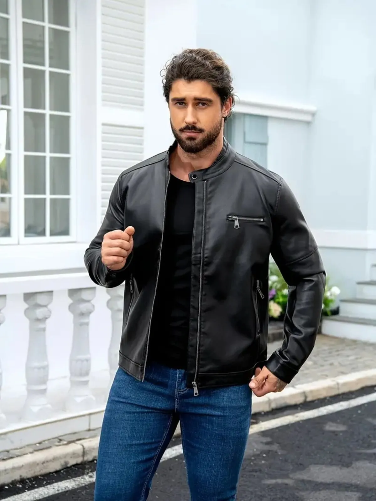 Men's Jacket Stand Collar Zipper Faux Leather Motorcycle Jacket, 1 of 4