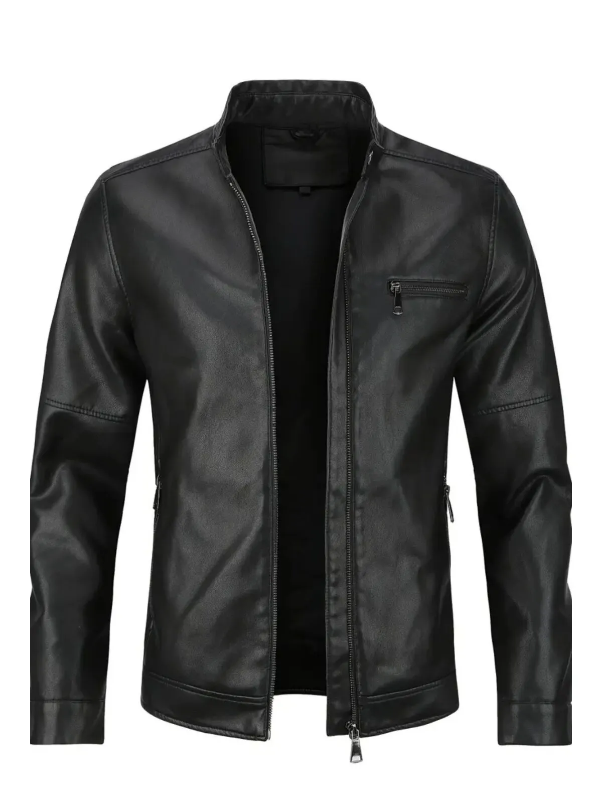 Men's Jacket Stand Collar Zipper Faux Leather Motorcycle Jacket, 3 of 4