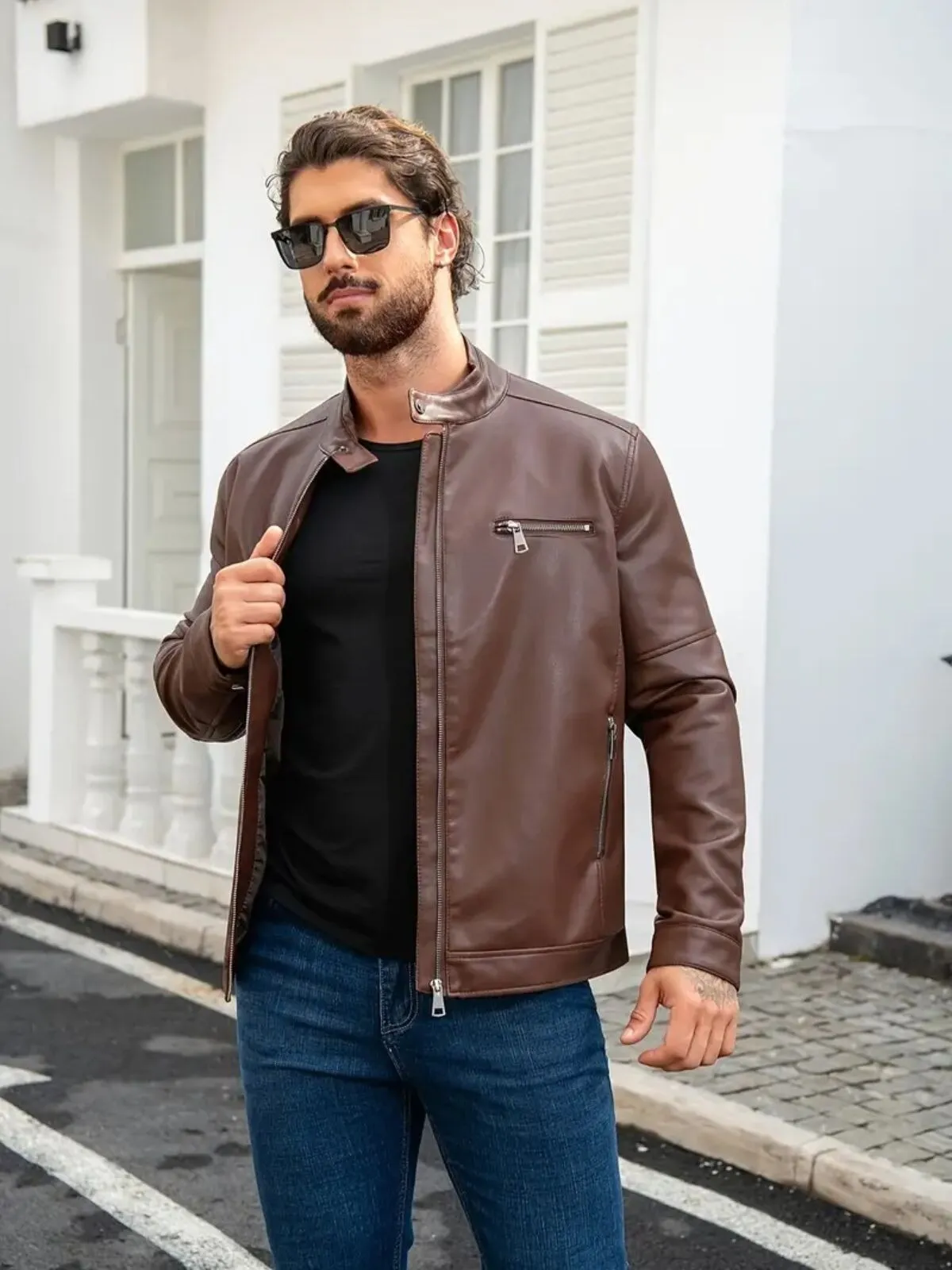 Men's Jacket Stand Collar Zipper Faux Leather Motorcycle Jacket, 1 of 4