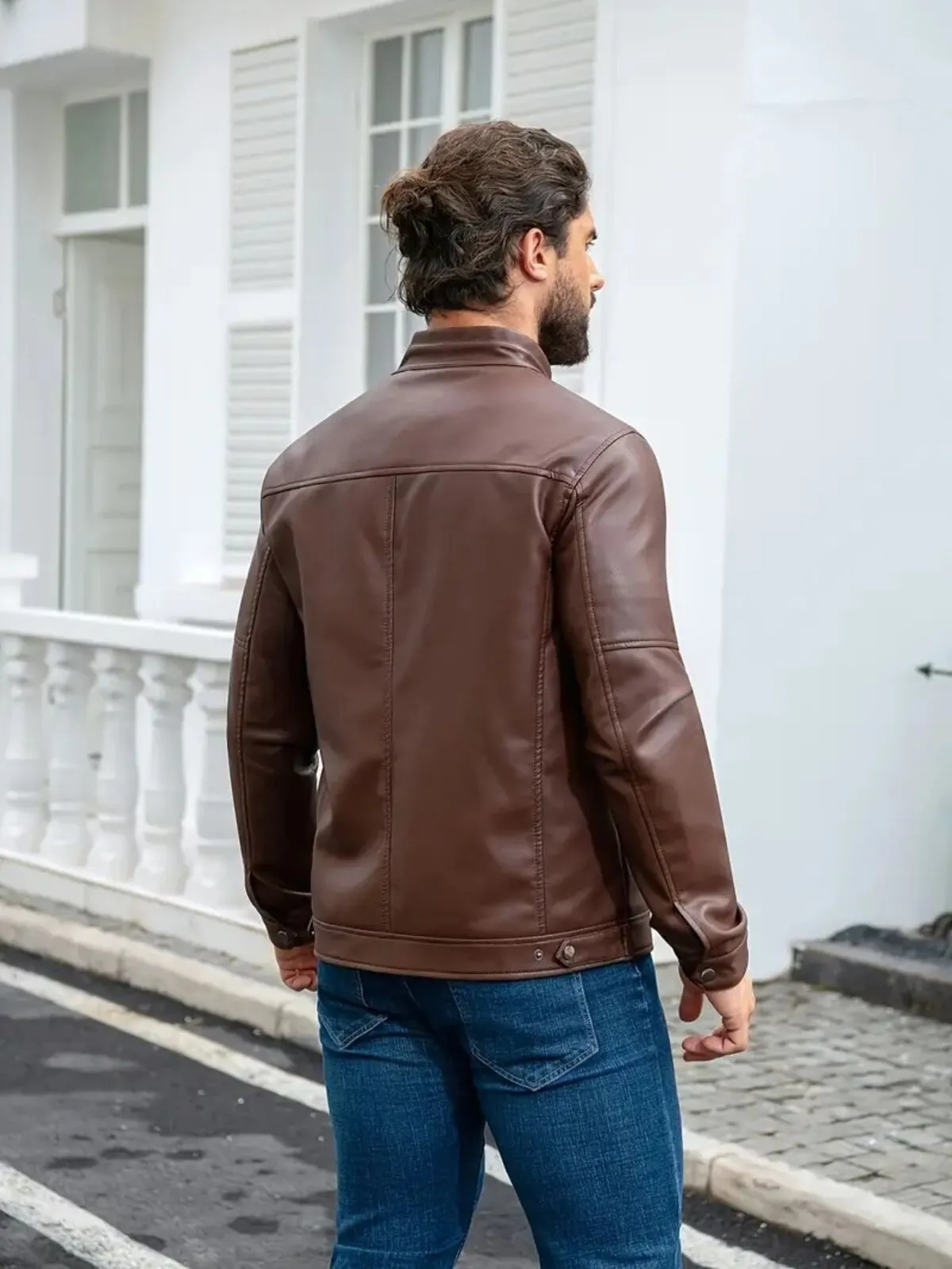 Men's Jacket Stand Collar Zipper Faux Leather Motorcycle Jacket, 2 of 4