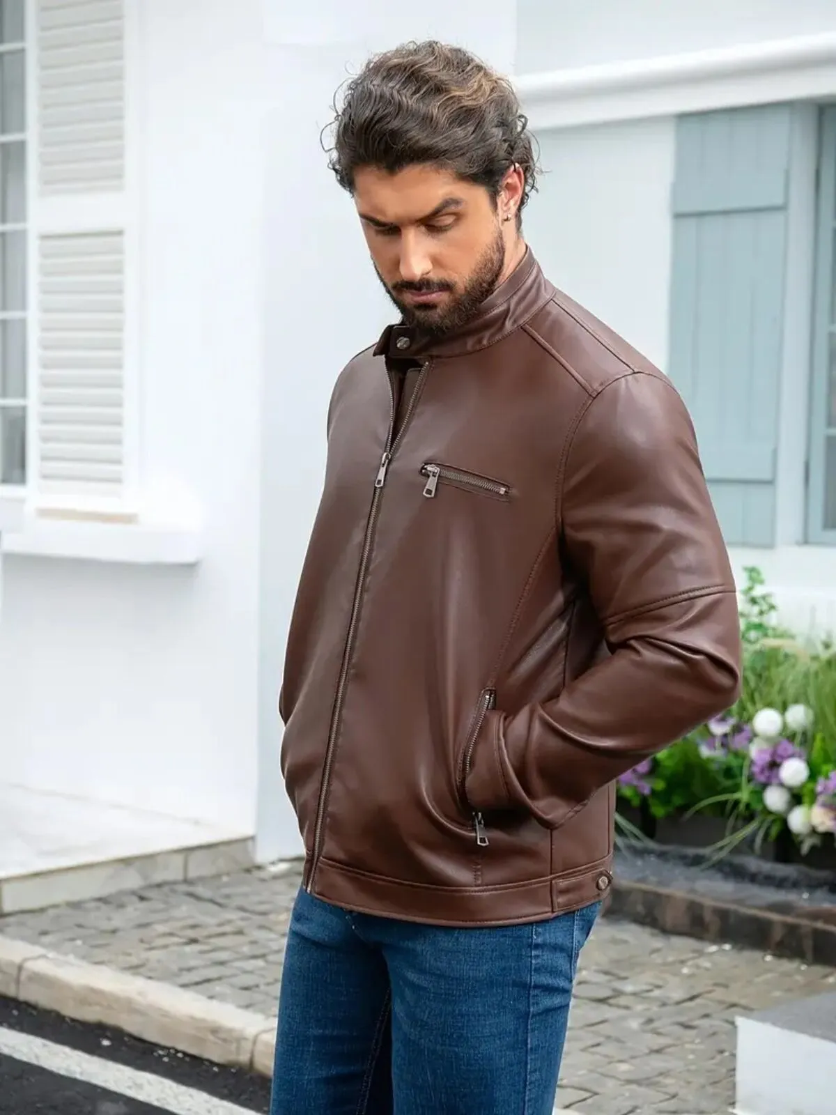 Men's Jacket Stand Collar Zipper Faux Leather Motorcycle Jacket, 3 of 4