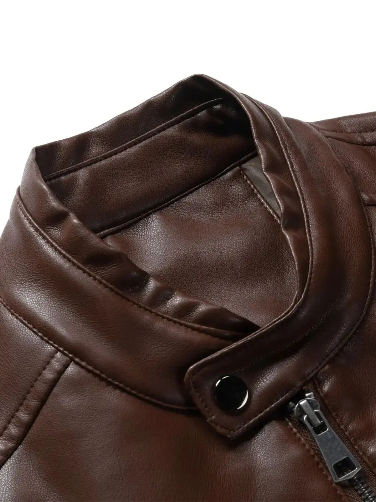 Men's Jacket Stand Collar Zipper Faux Leather Motorcycle Jacket, 4 of 4