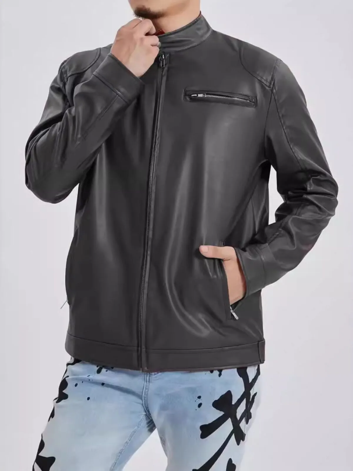 Men's Jacket Stand Collar Lambskin Leather Motorcycle Jacket Slim Fit Biker Coat, 1 of 1