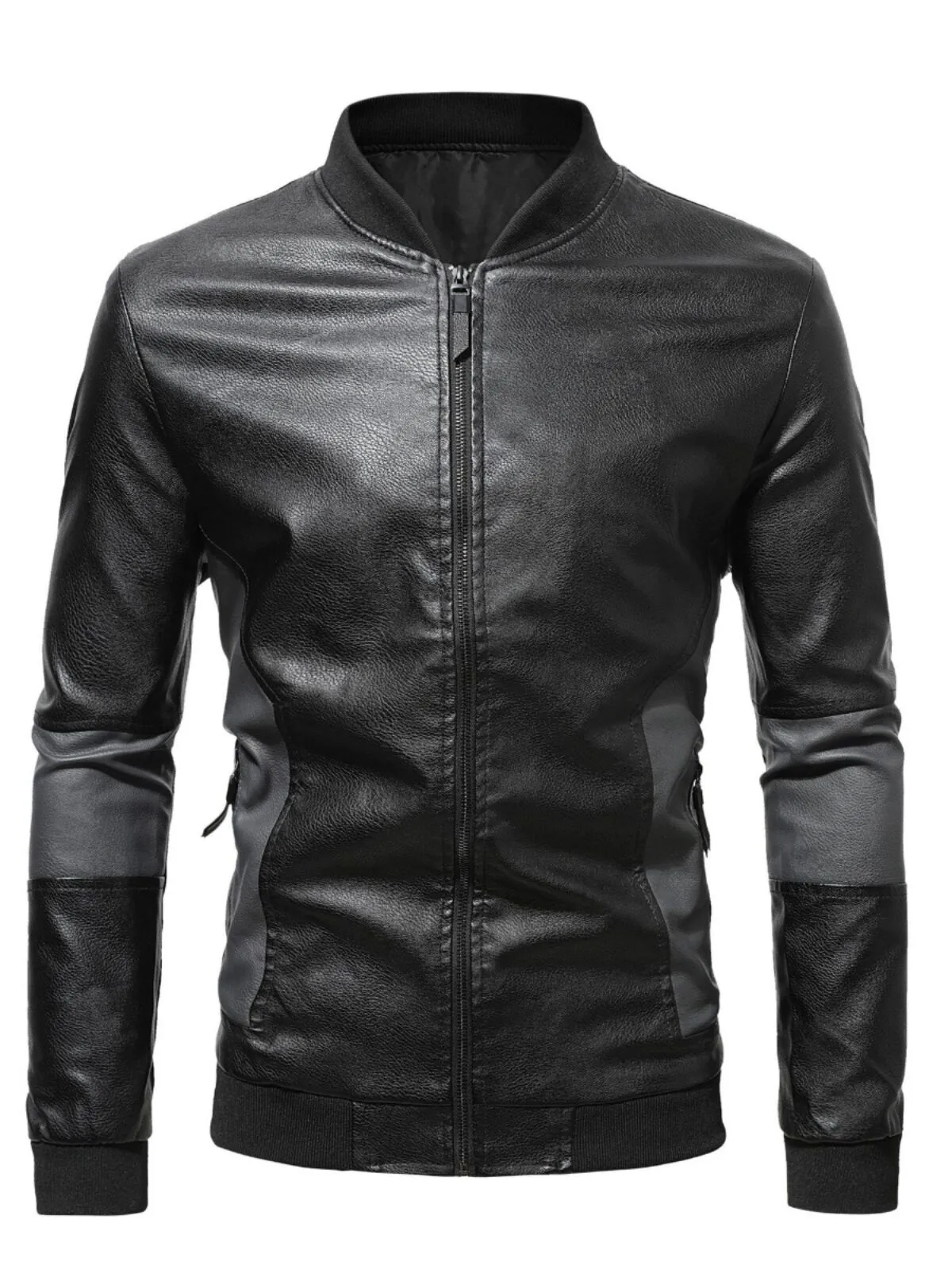 Men's Jacket Stand Collar Biker Slim-fit Leather Autumn And Winter Casual Solid Color Matching Leather Jacket, 1 of 3