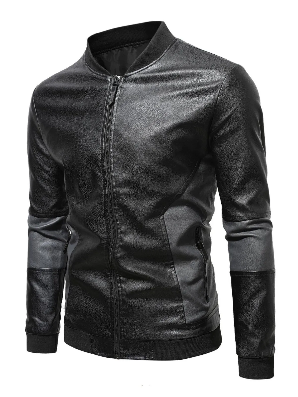 Men's Jacket Stand Collar Biker Slim-fit Leather Autumn And Winter Casual Solid Color Matching Leather Jacket, 2 of 3