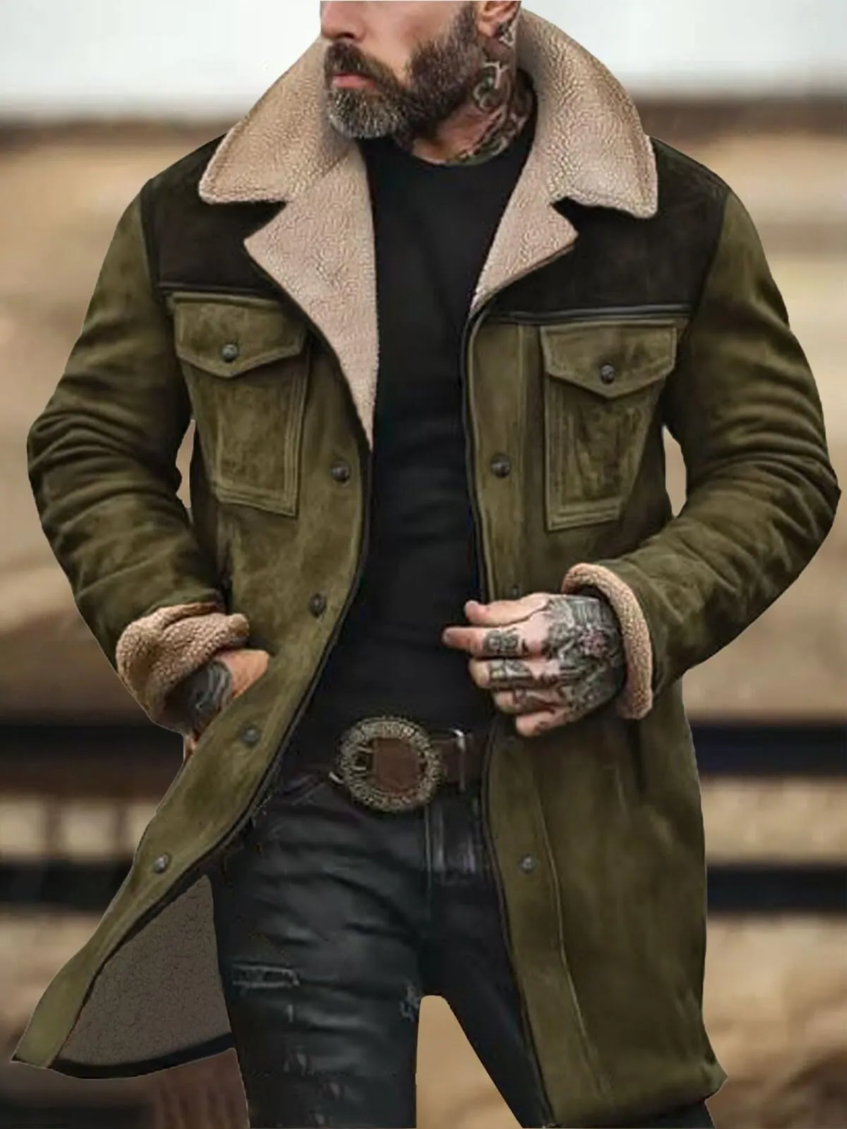 Men's Coat Suede Jacket Plush Reversed Collar Zip Up Multi-Pocket Motorcycle Retro Western Outdoor Coats, 1 of 3