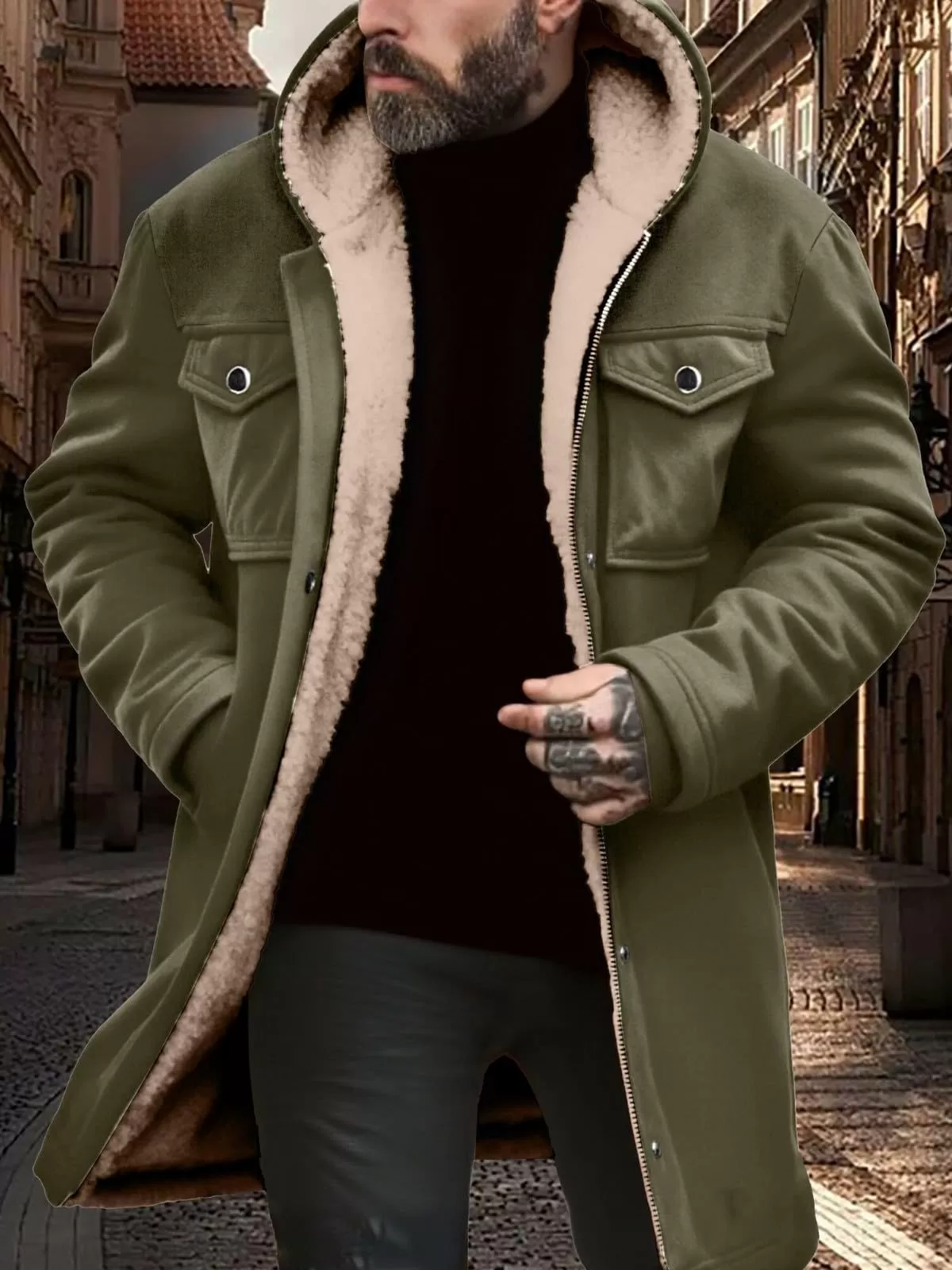 Men's Coat Winter Thicken Sherpa Faux Fur Heavyweight Warm Vintage Hooded Coat, 1 of 5