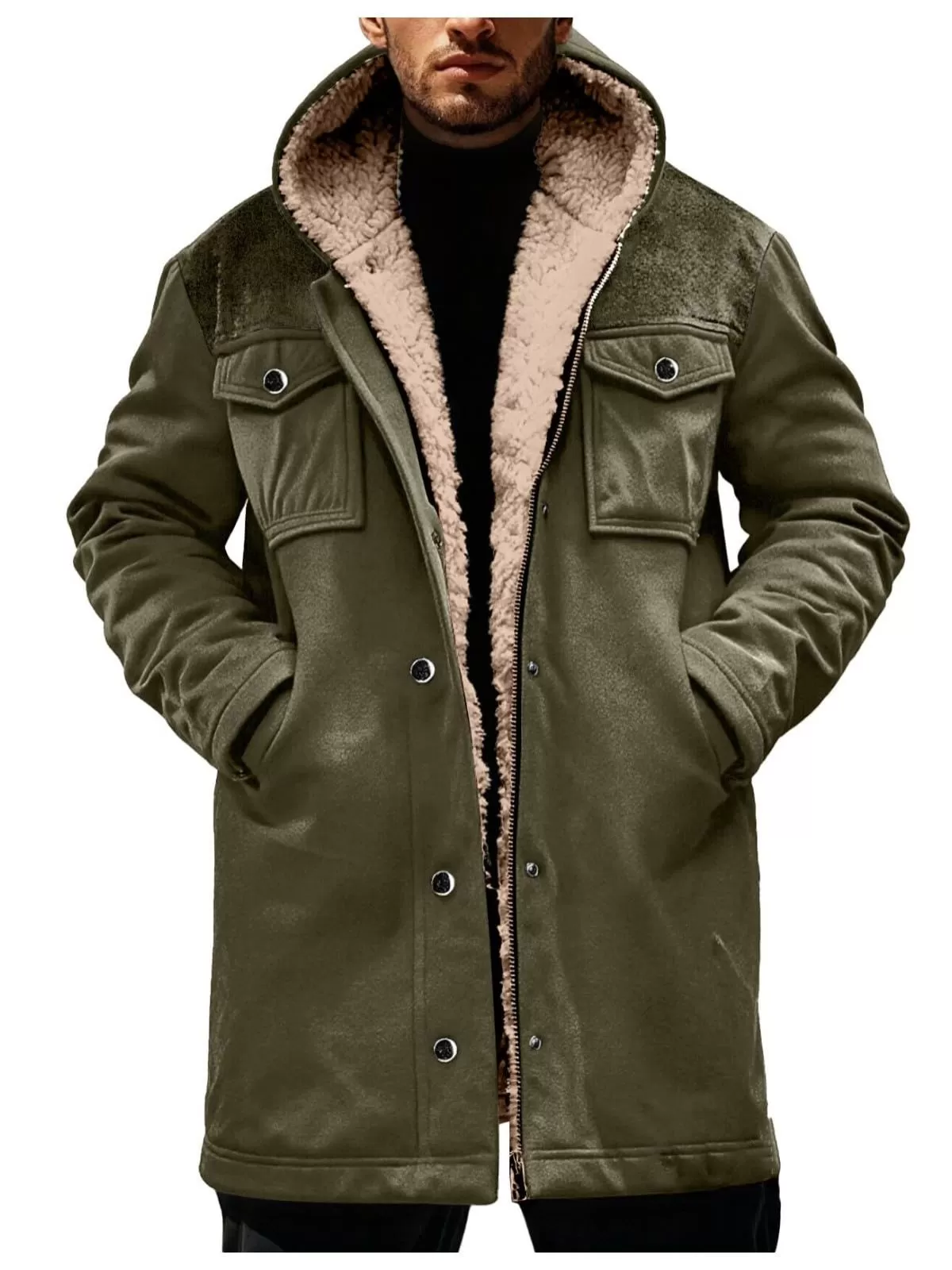 Men's Coat Winter Thicken Sherpa Faux Fur Heavyweight Warm Vintage Hooded Coat, 3 of 5