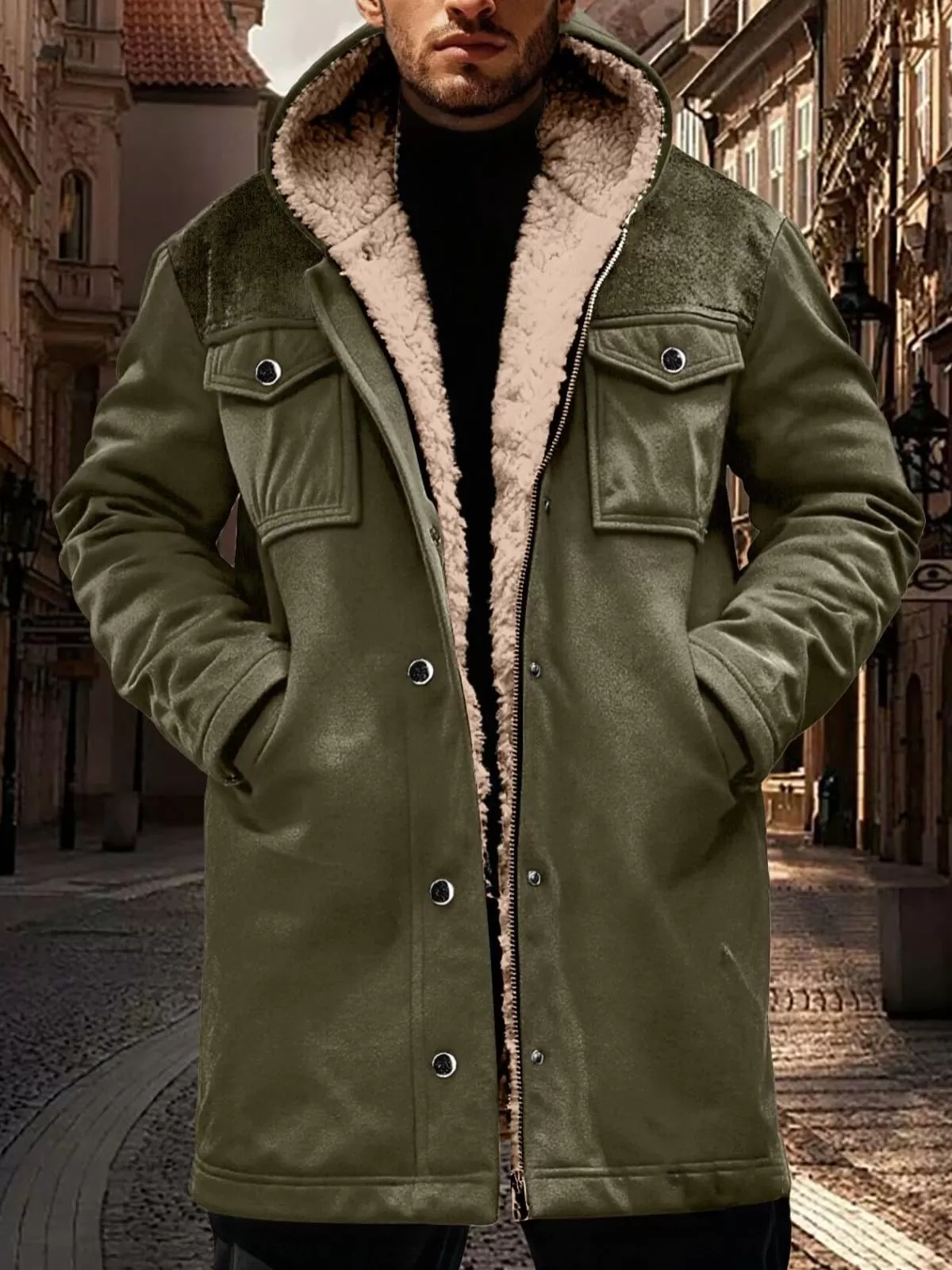 Men's Coat Winter Thicken Sherpa Faux Fur Heavyweight Warm Vintage Hooded Coat, 4 of 5