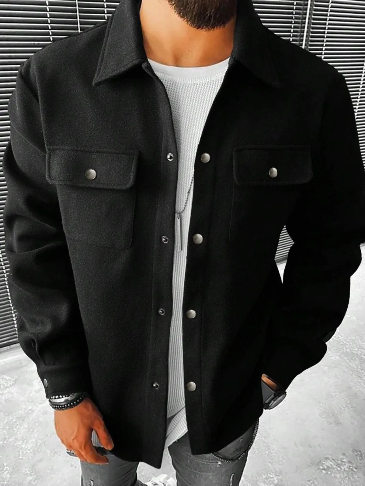 Men's Jacket Flap Pocket Button Front Casual Solid Lapel Double Pockets Workwear Soft Outerwear, 1 of 3