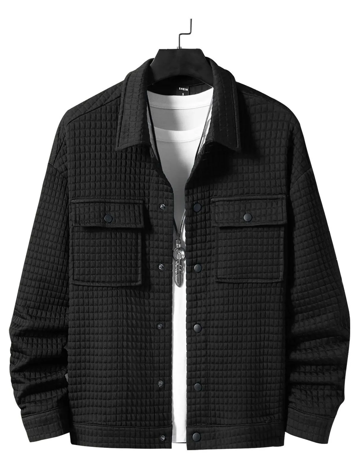 Men's Jacket Spring Autumn Jacquard Checkered Solid Button Lapel Loose Shirt Jacket , 1 of 2