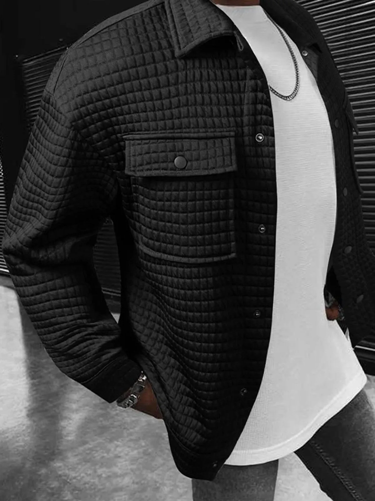 Men's Jacket Spring Autumn Jacquard Checkered Solid Button Lapel Loose Shirt Jacket , 2 of 2