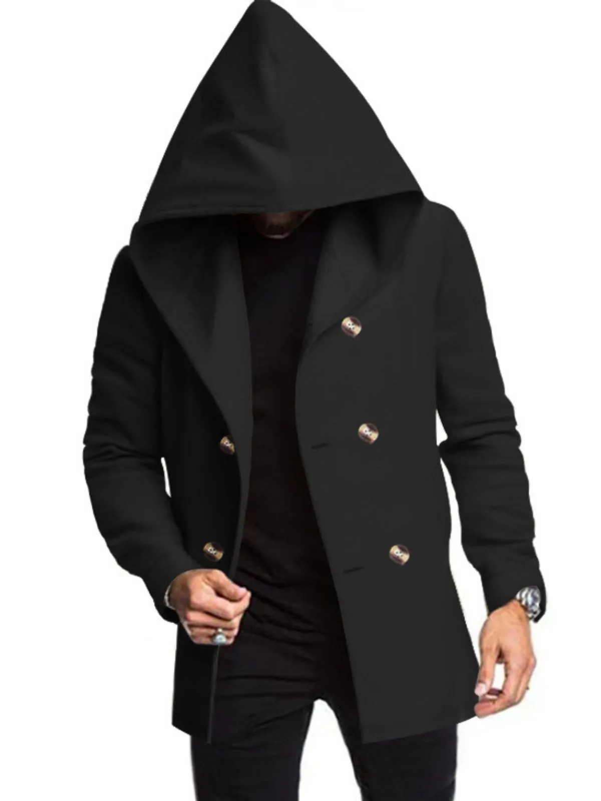 Men's Jacket Mid-Length Jacket Coat Solid Color Hooded Long Sleeve Button Warm Overcoat, 2 of 12