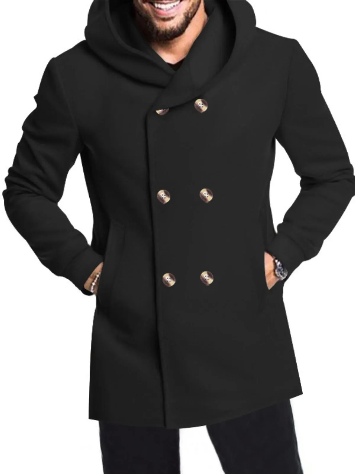 Men's Jacket Mid-Length Jacket Coat Solid Color Hooded Long Sleeve Button Warm Overcoat, 4 of 12