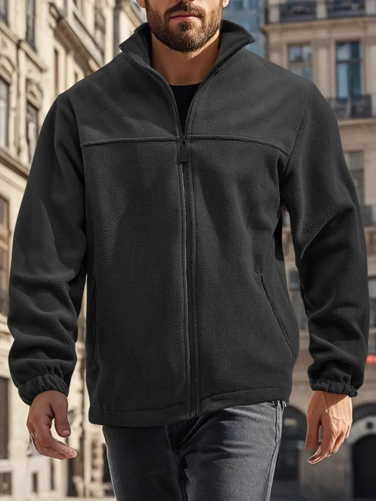 Men's Jacket Polar Fleece Fleece Jacket Full Zip Standing Collar Plain Pocket Sport And Outdoor Daily Holiday Streetwear Basic Casual Jacket, 2 of 3